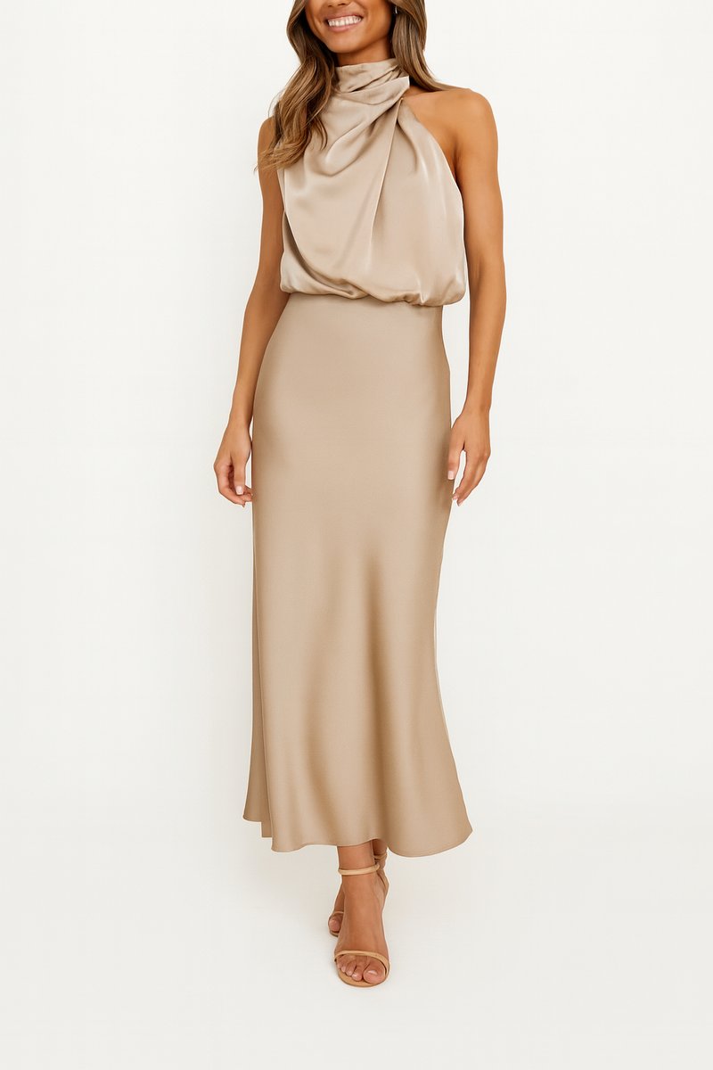 Women's Satin Halter Midi Summer Dress Jumpsuit Sleeveless Draped - Khaki