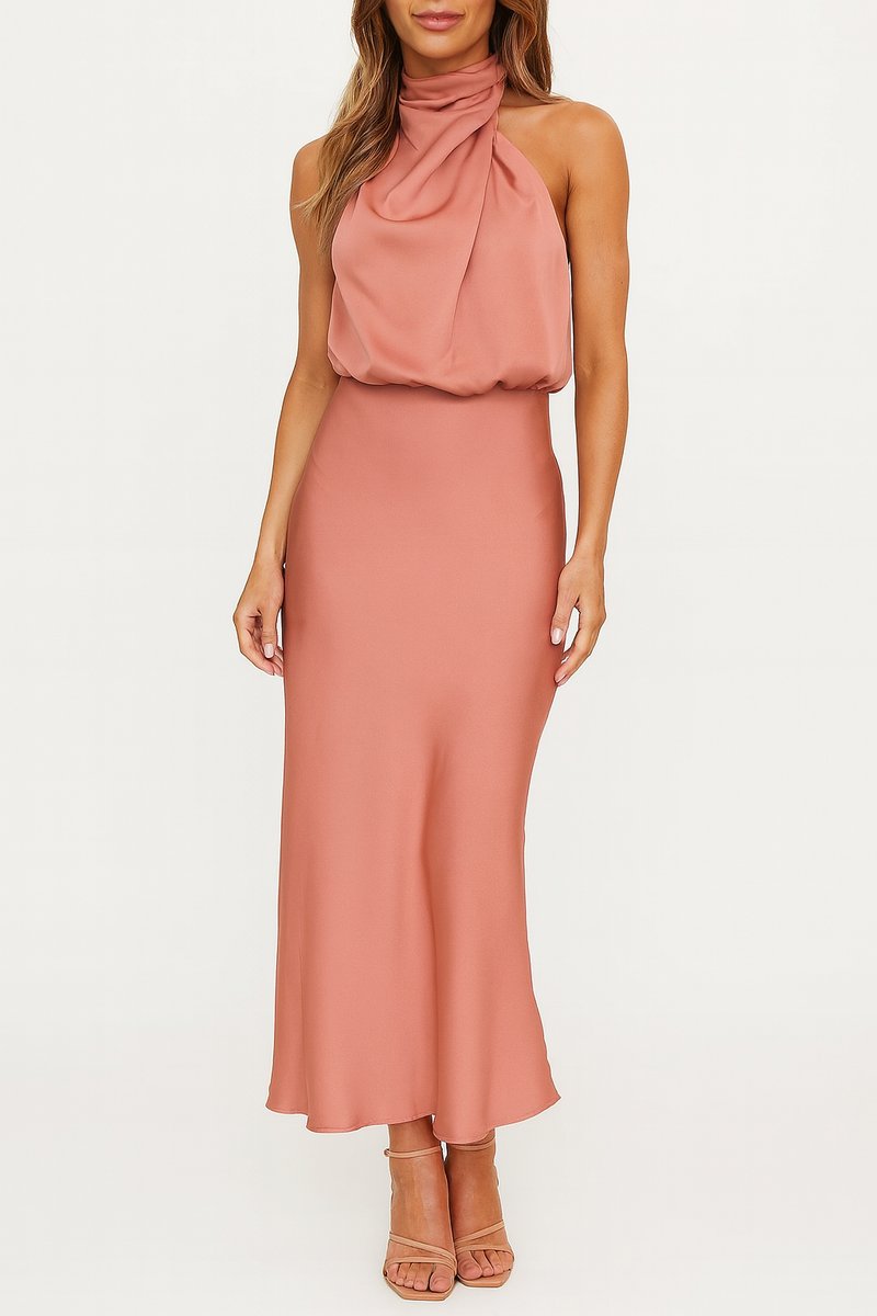 Women's Satin Halter Midi Summer Dress Jumpsuit Sleeveless Draped - Pink