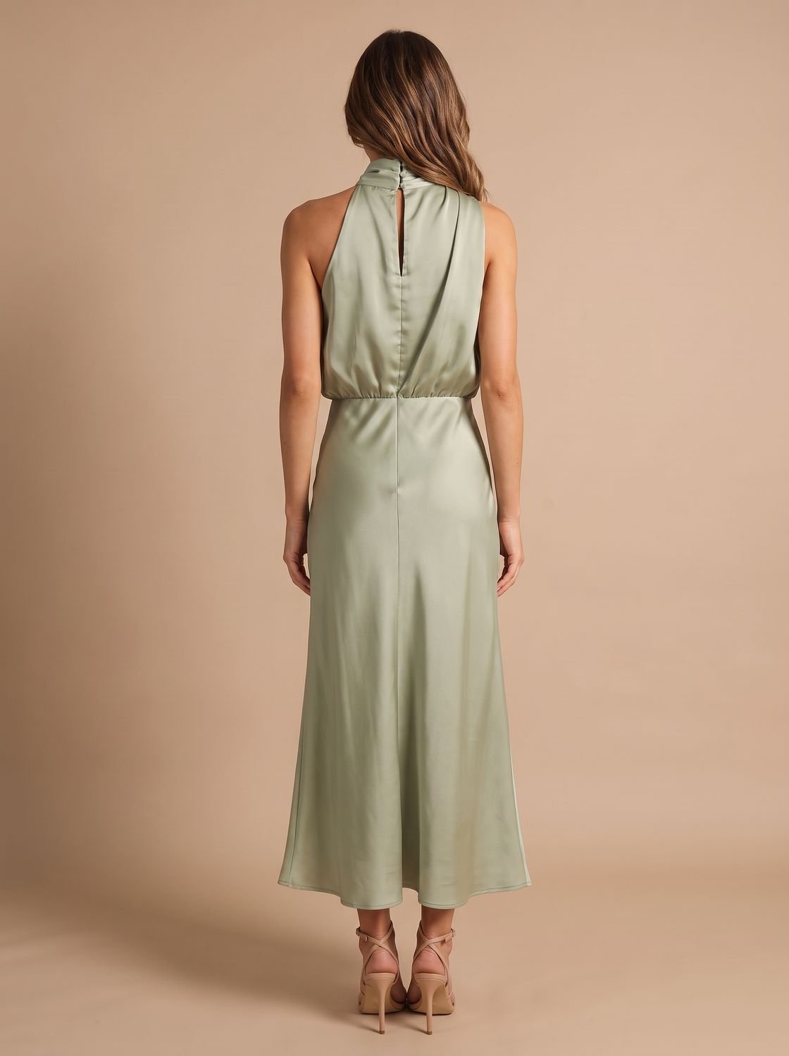 Women's Satin Halter-Neck Draped Midi Evening Dress