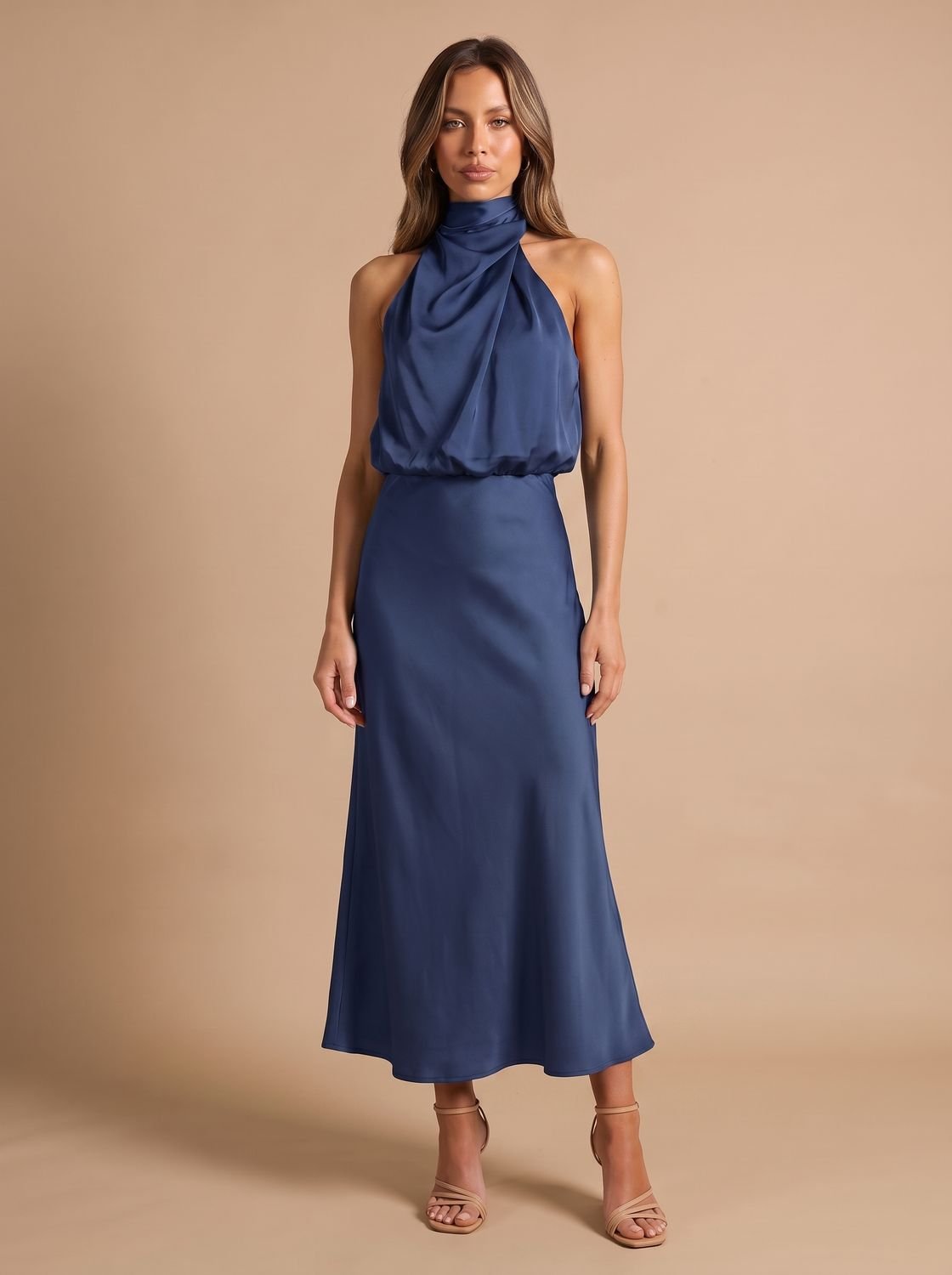 Women's Satin Halter-Neck Draped Midi Evening Dress - Navy Blue