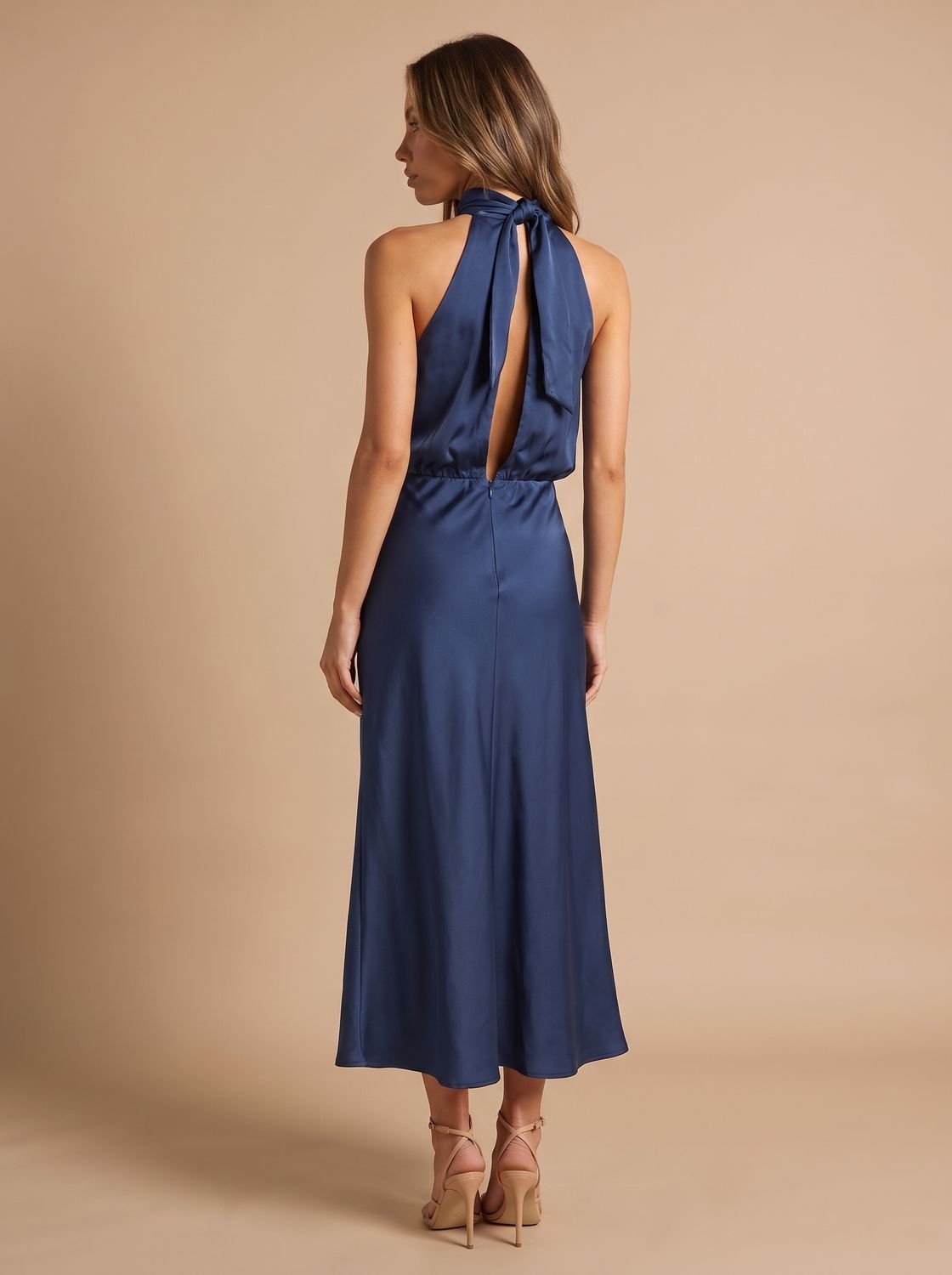 Women's Satin Halter-Neck Draped Midi Evening Dress