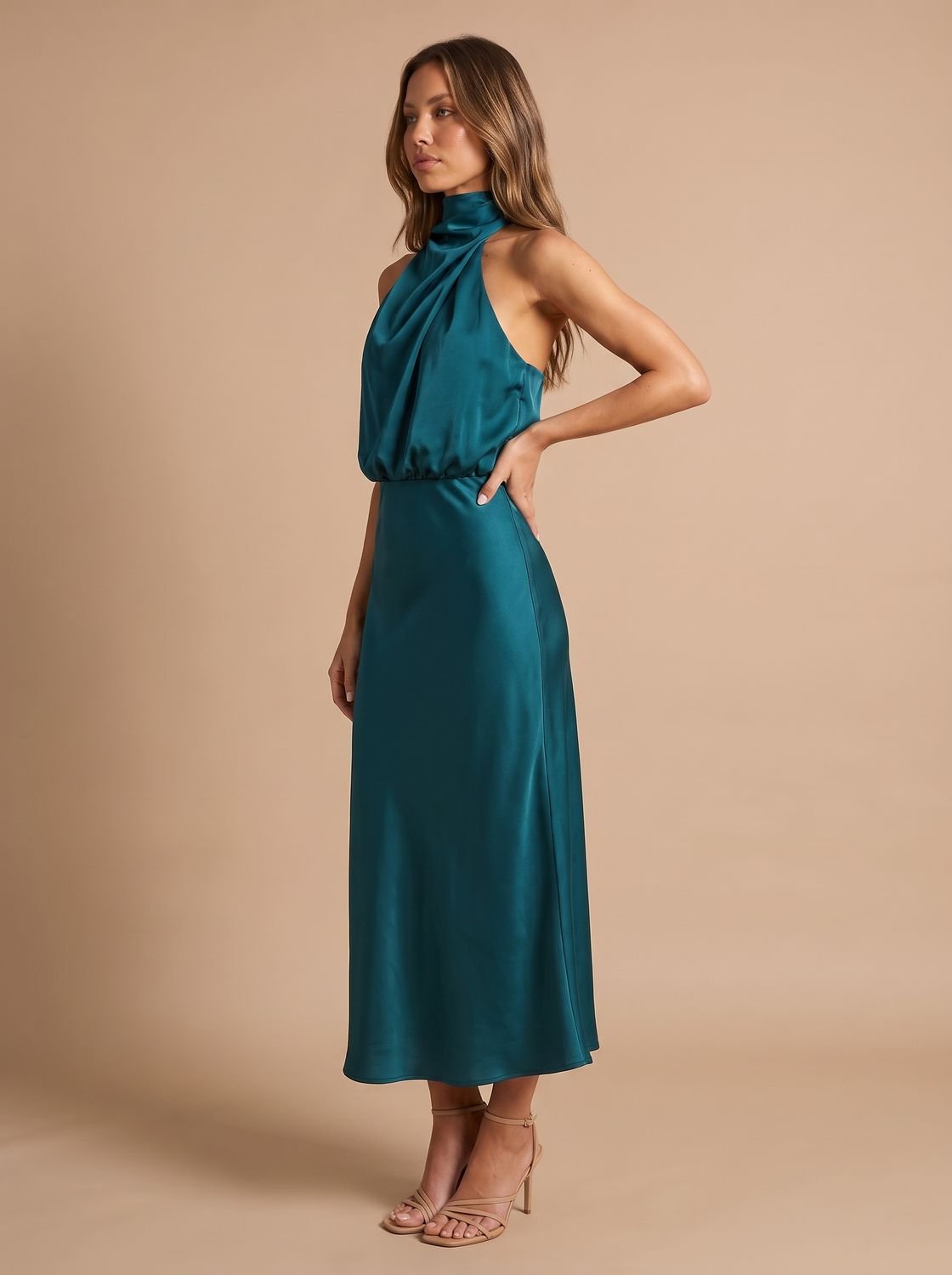 Women's Satin Halter-Neck Draped Midi Evening Dress