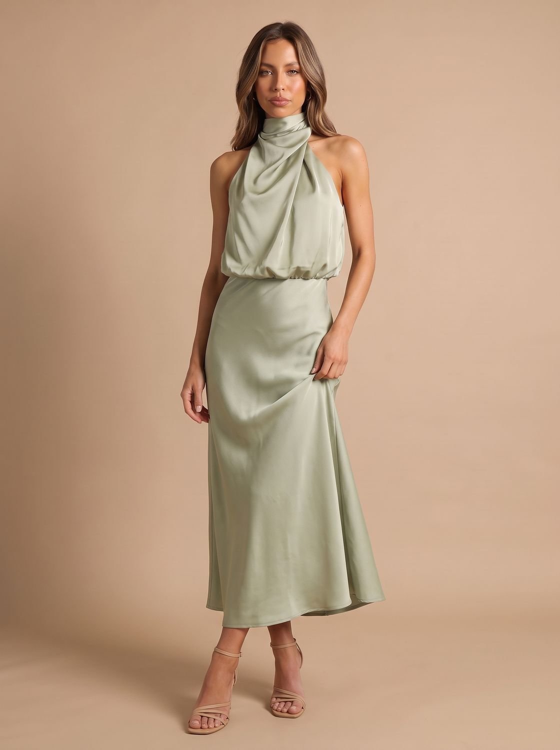 Women's Satin Halter-Neck Draped Midi Evening Dress