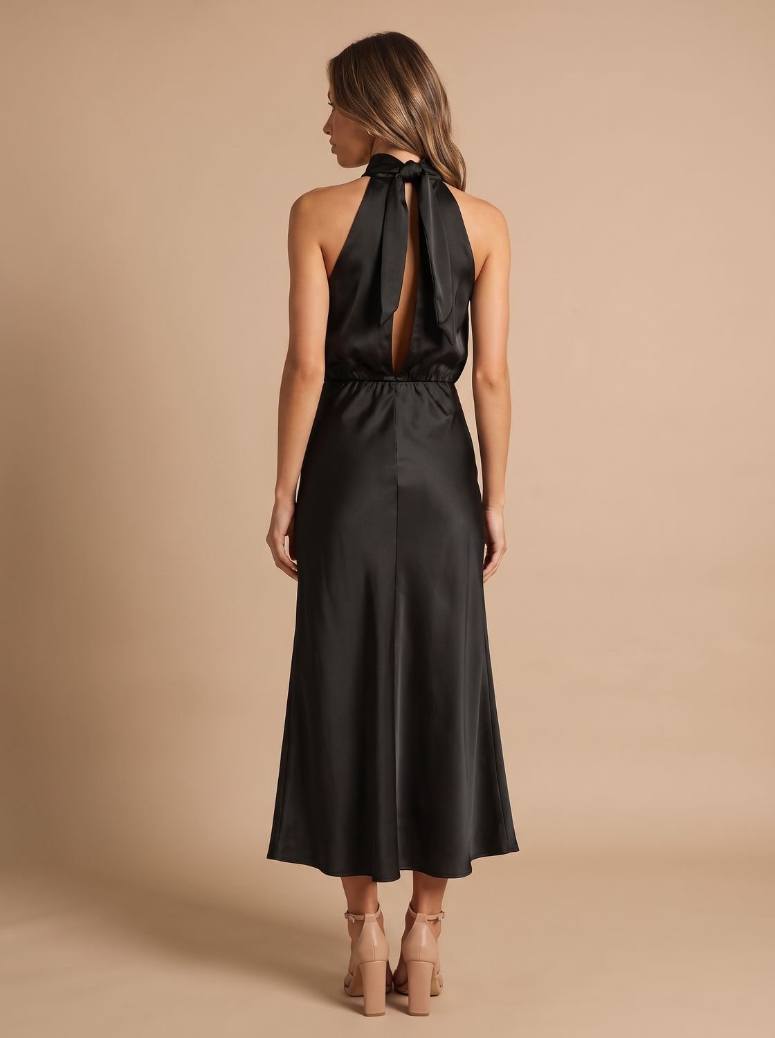 Women's Satin Halter-Neck Draped Midi Evening Dress