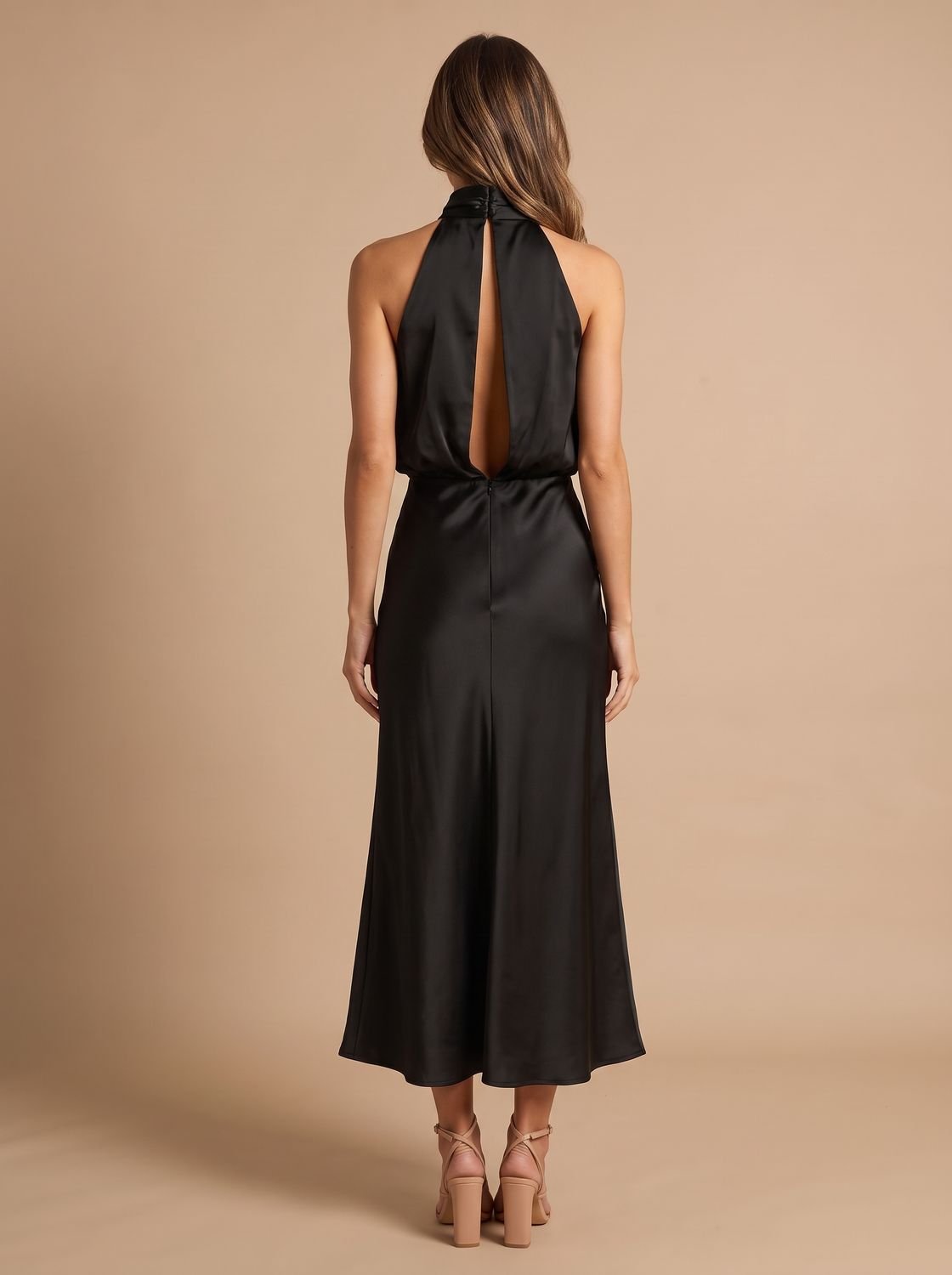 Women's Satin Halter-Neck Draped Midi Evening Dress