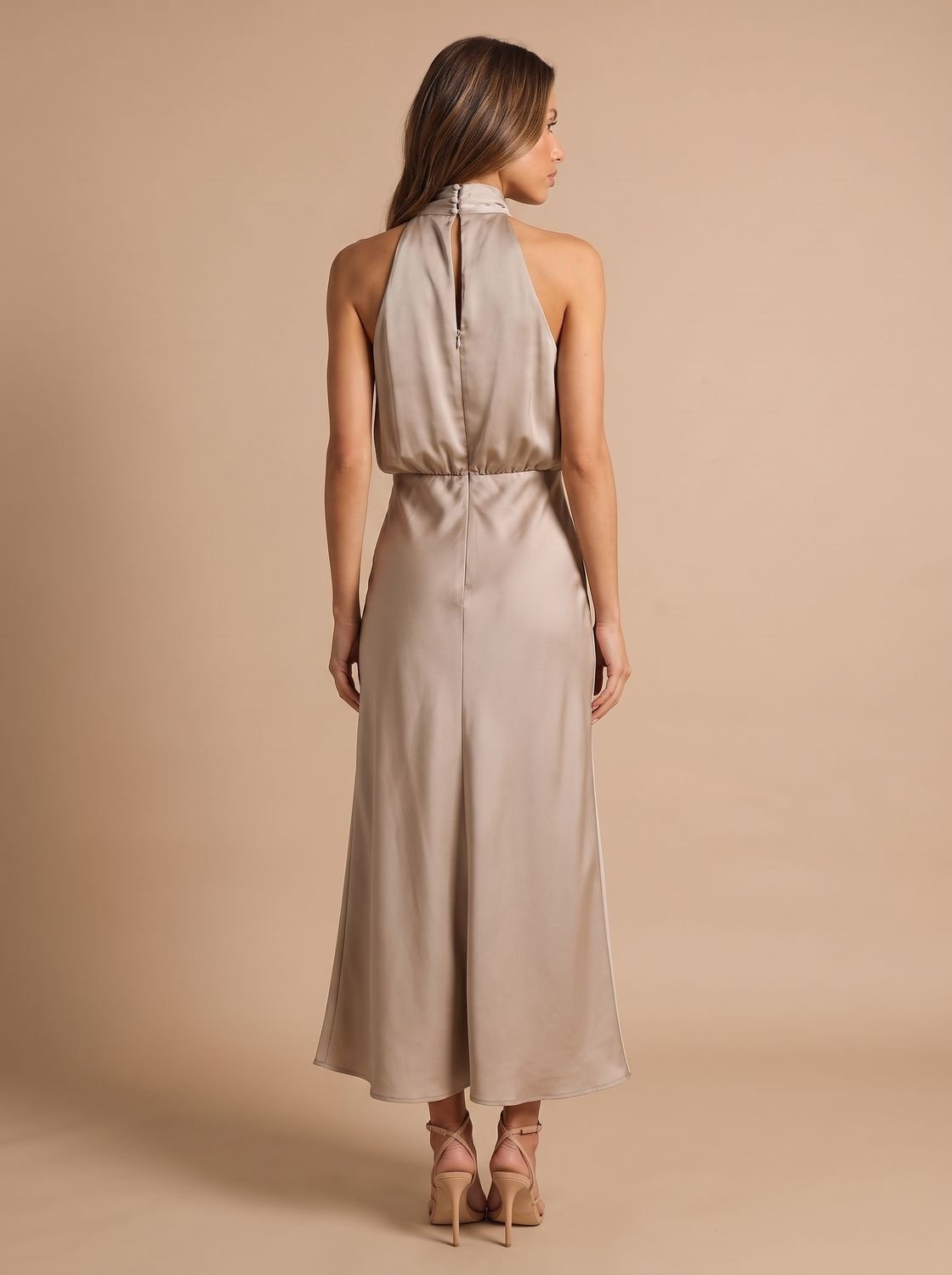 Women's Satin Halter-Neck Draped Midi Evening Dress
