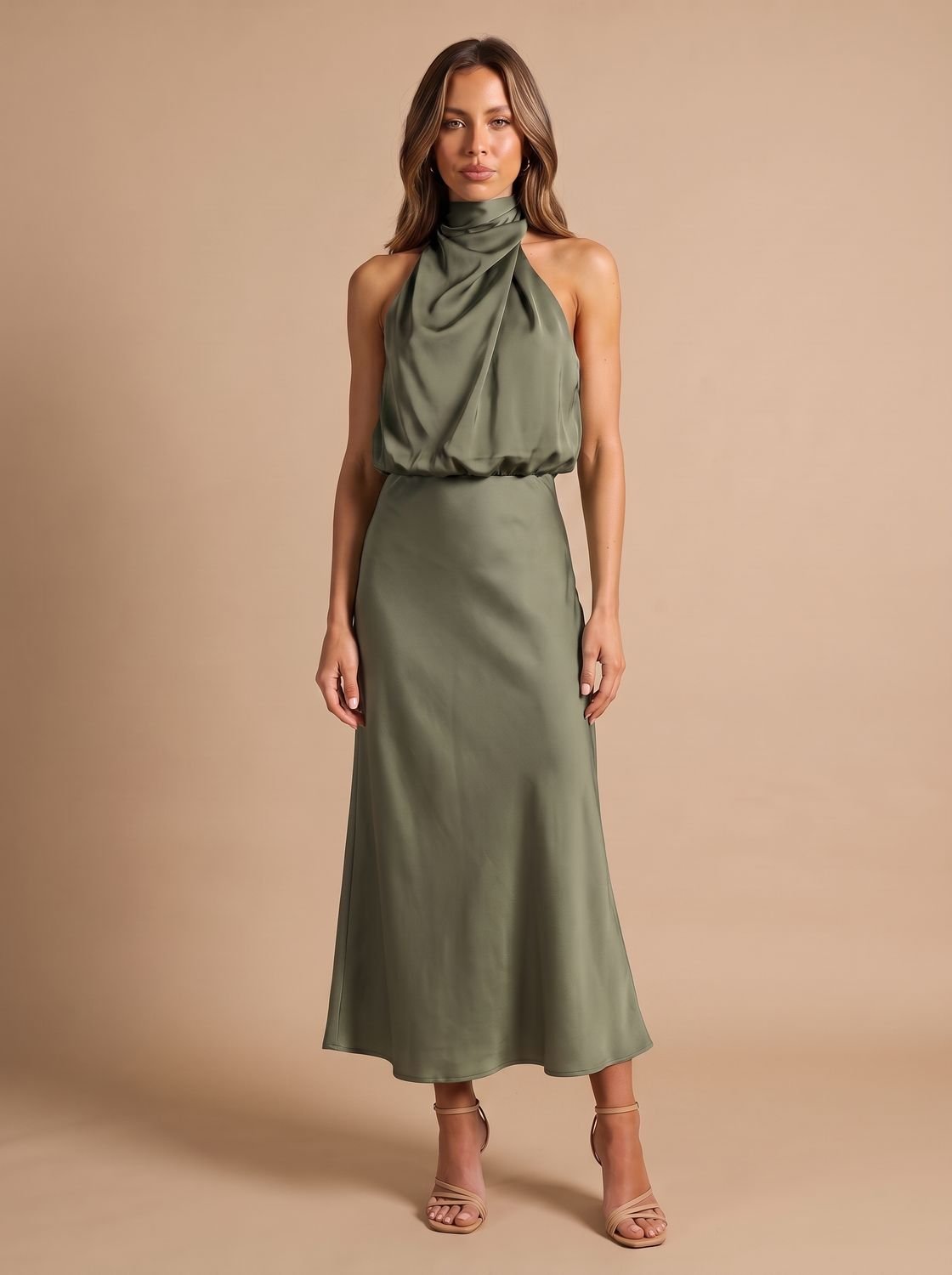 Women's Satin Halter-Neck Draped Midi Evening Dress - Olive Green