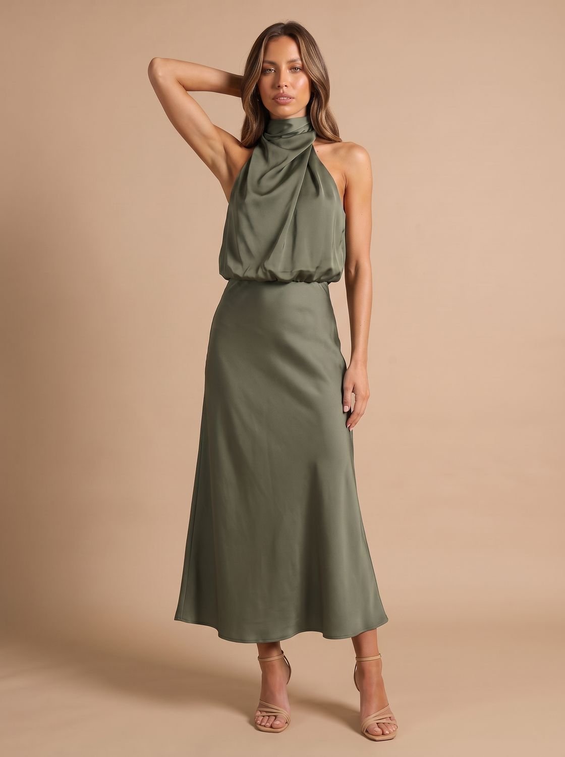 Women's Satin Halter-Neck Draped Midi Evening Dress