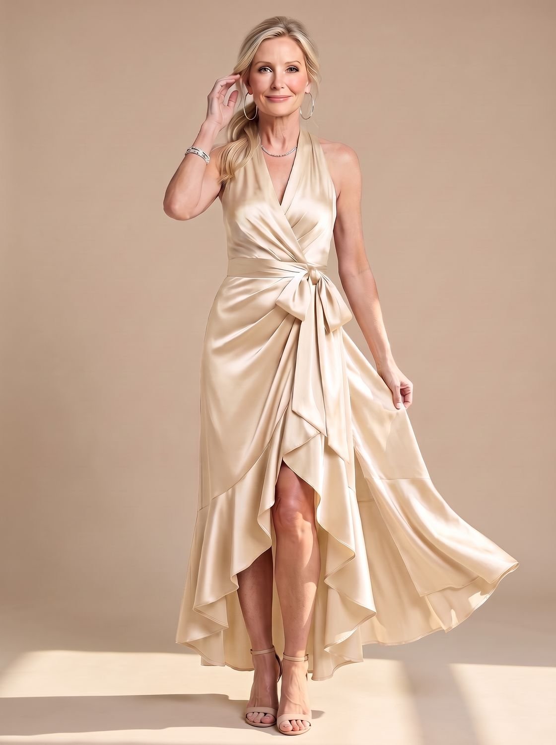 Women's Satin Halter-Neck Wrap Asymmetric-Hem Midi Dress
