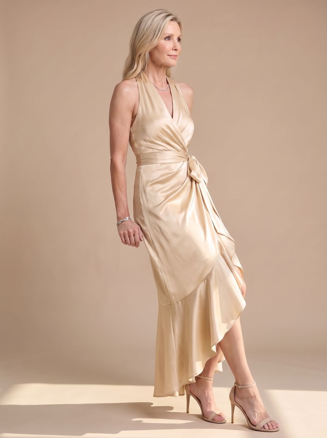 Women's Satin Halter-Neck Wrap Asymmetric-Hem Midi Dress