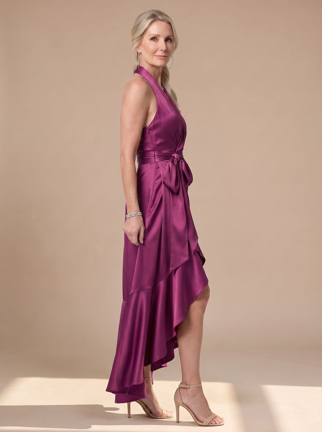 Women's Satin Halter-Neck Wrap Asymmetric-Hem Midi Dress
