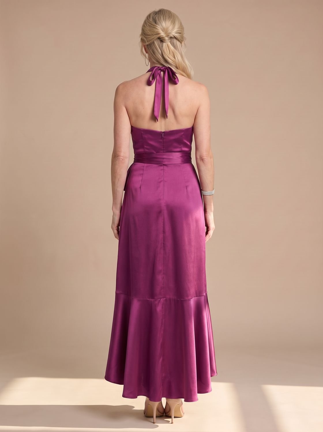 Women's Satin Halter-Neck Wrap Asymmetric-Hem Midi Dress