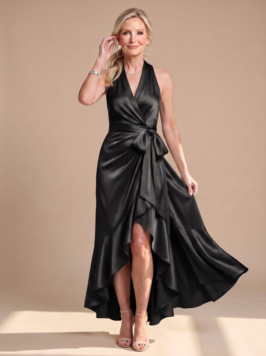 Women's Satin Halter-Neck Wrap Asymmetric-Hem Midi Dress - Black