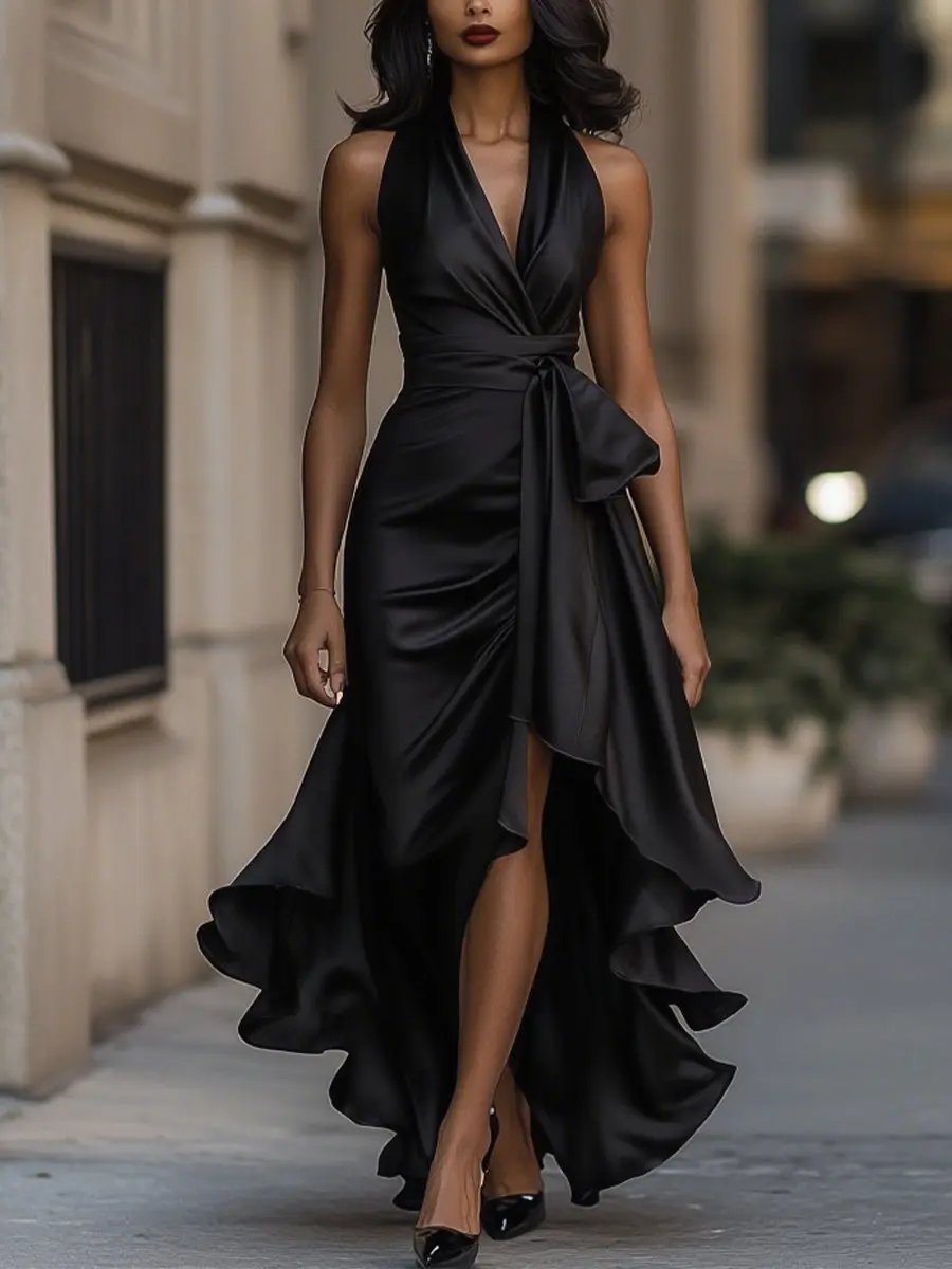 Women's Satin Halter V Neck Dress High-Low Ruffle Wrap Maxi - Black