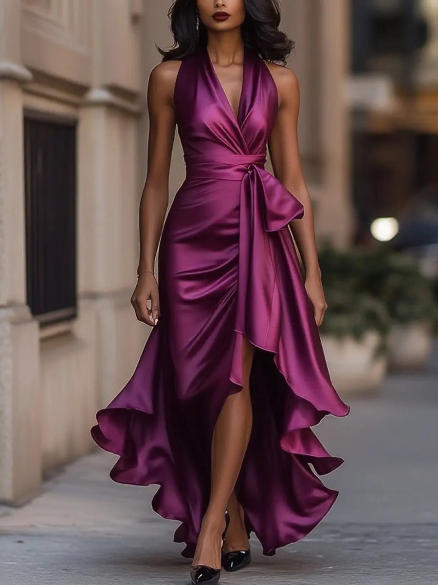 Women's Satin Halter V Neck Dress High-Low Ruffle Wrap Maxi - Fuchsia