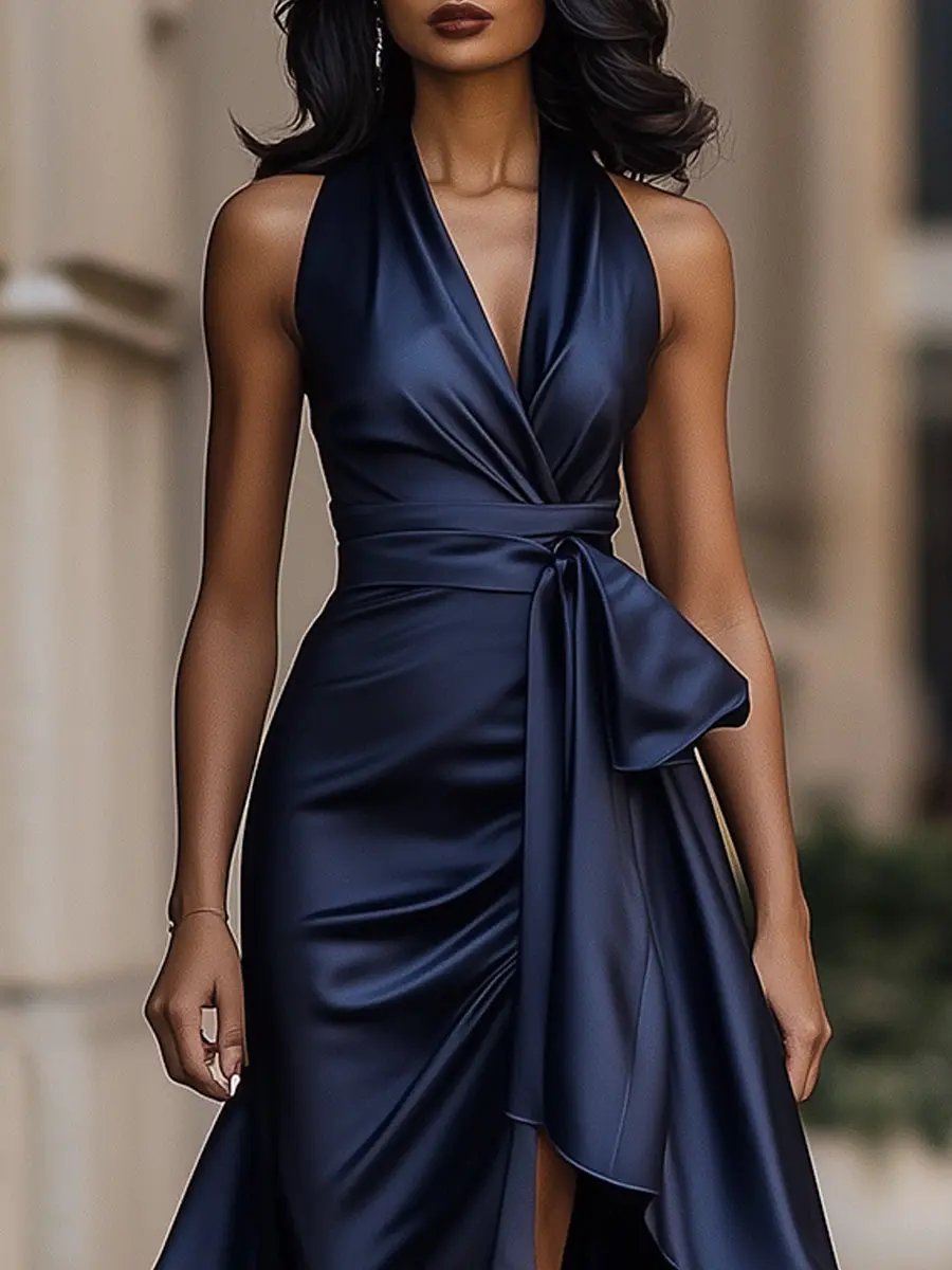 Women's Satin Halter V Neck Dress High-Low Ruffle Wrap Maxi