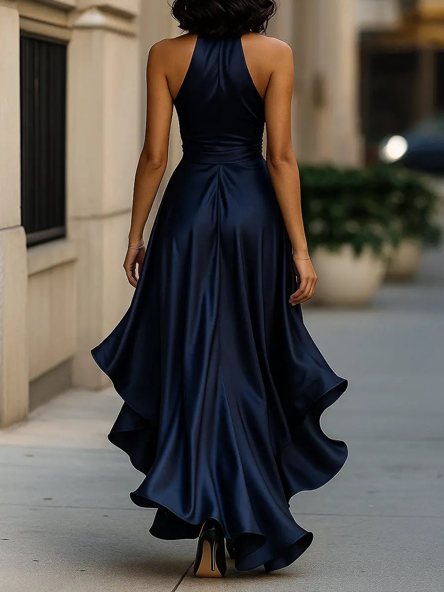 Women's Satin Halter V Neck Dress High-Low Ruffle Wrap Maxi
