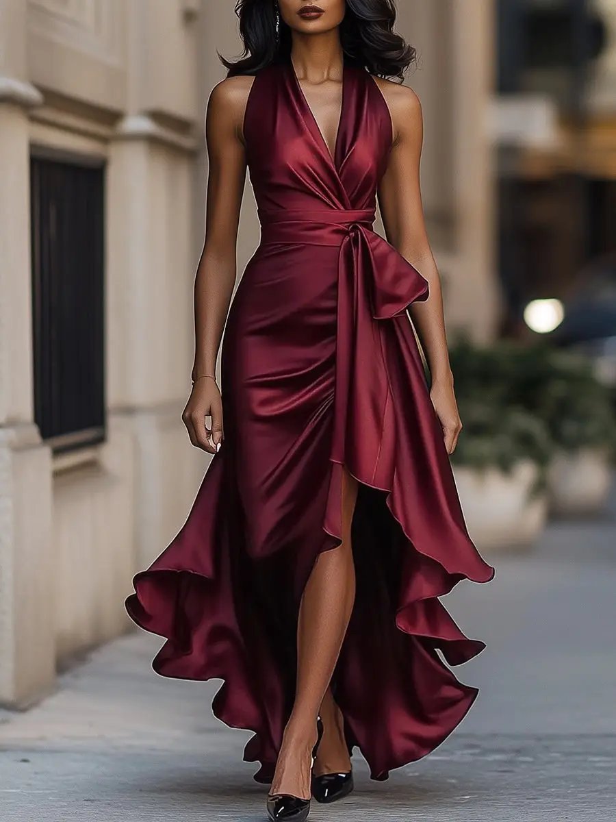 Women's Satin Halter V Neck Dress High-Low Ruffle Wrap Maxi - Burgundy