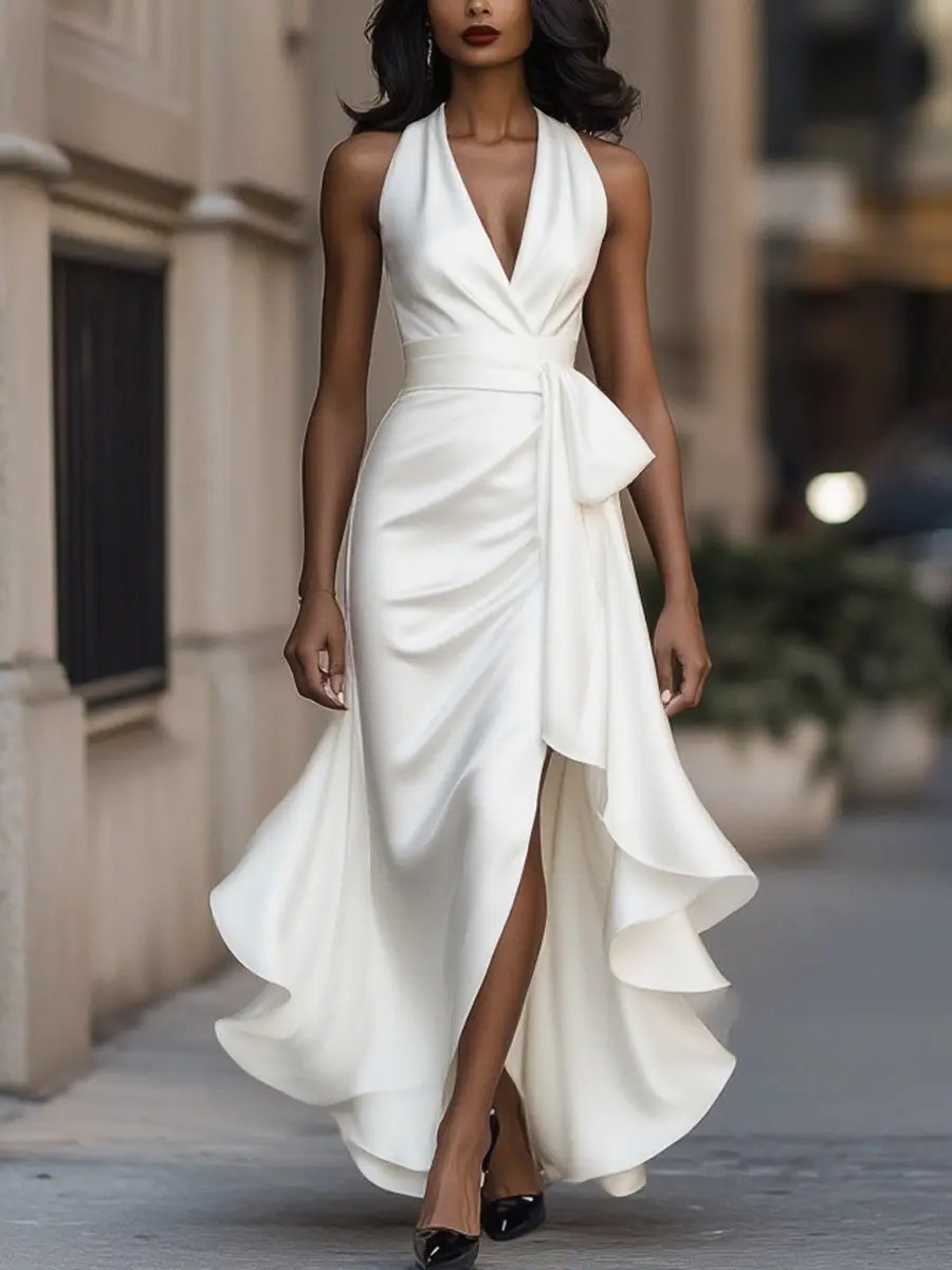 Women's Satin Halter V Neck Dress High-Low Ruffle Wrap Maxi - White