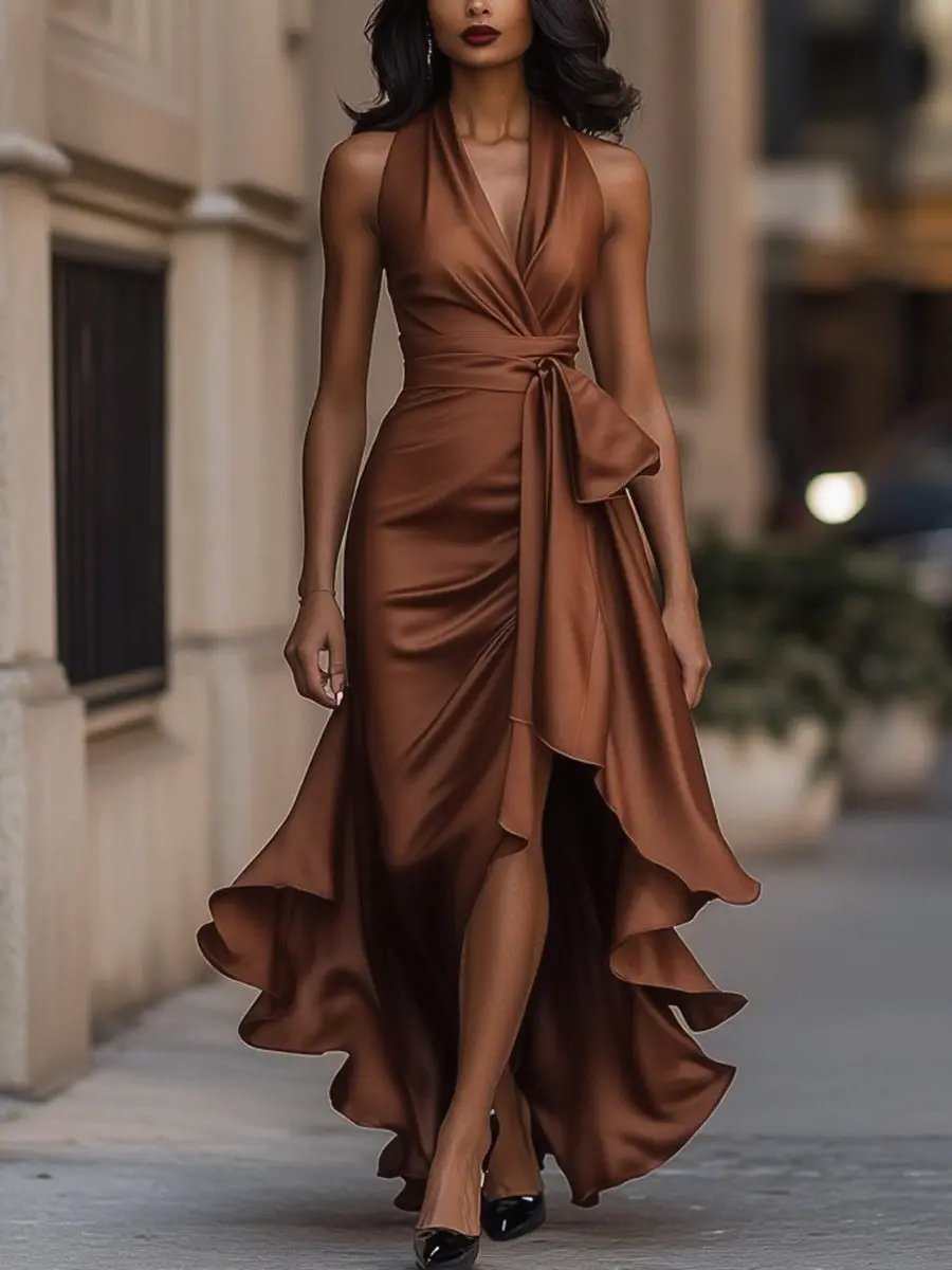 Women's Satin Halter V Neck Dress High-Low Ruffle Wrap Maxi - Brown