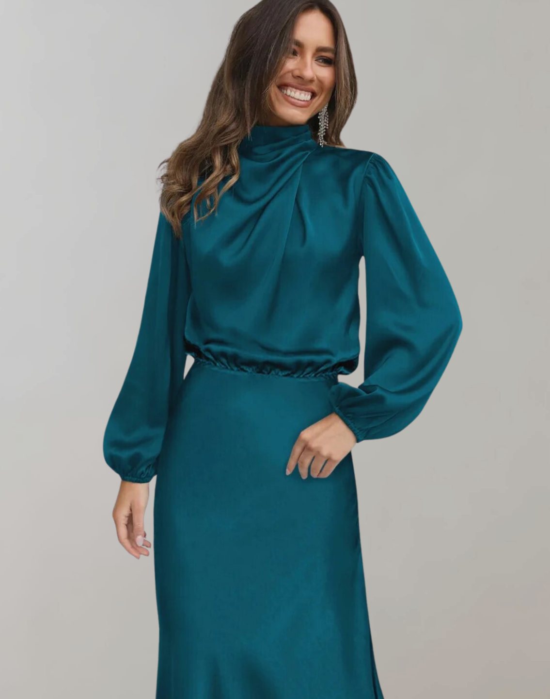 Women's Satin High-Neck Long-Sleeve Maxi Gown - Blue