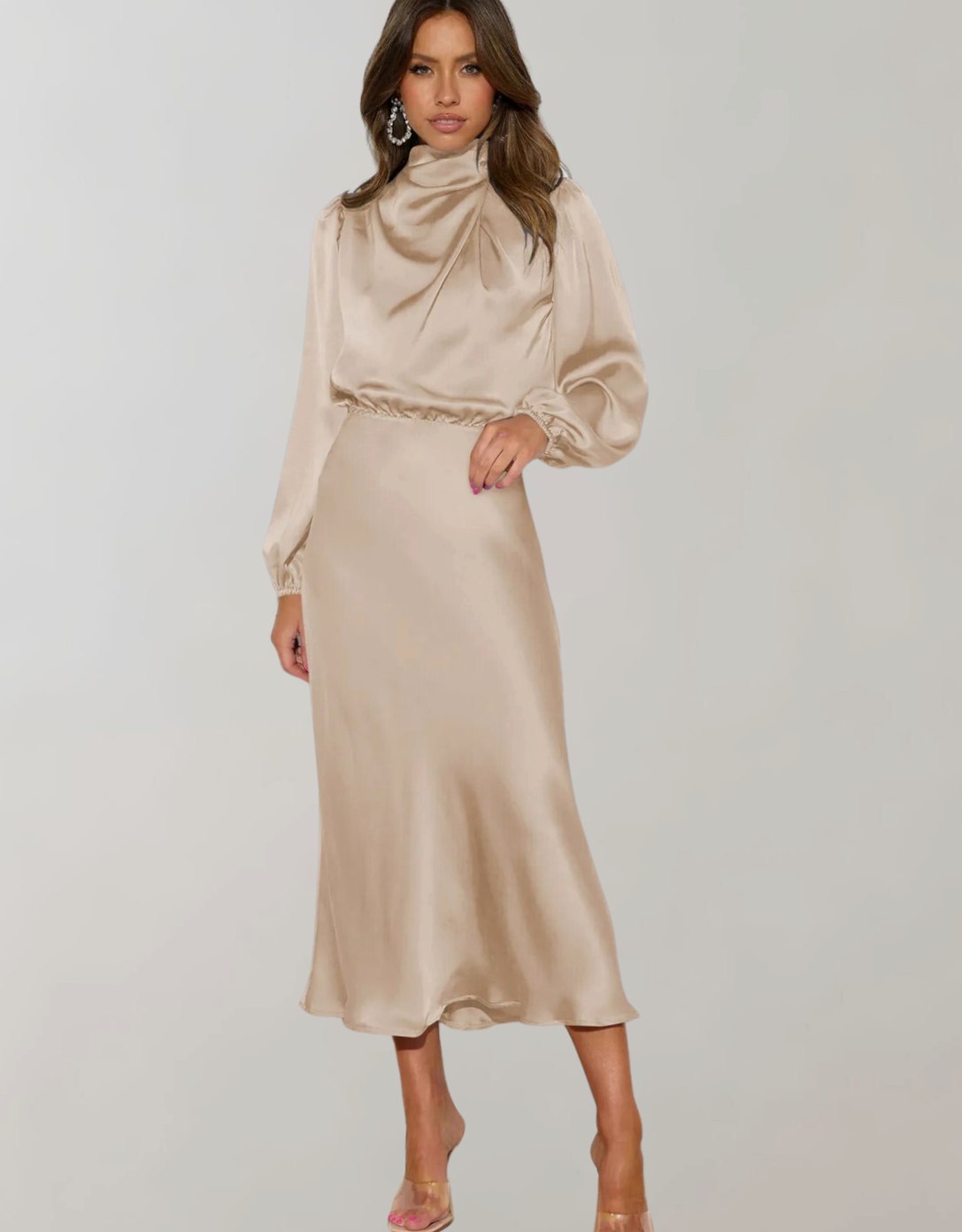 Women's Satin High-Neck Long-Sleeve Maxi Gown - Beige