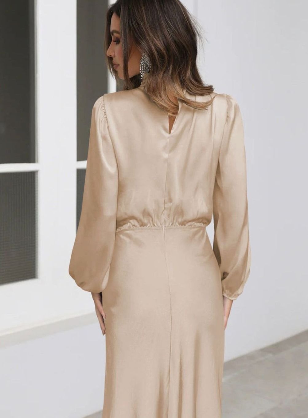 Women's Satin High-Neck Long-Sleeve Maxi Gown