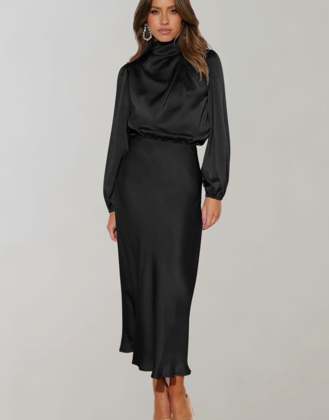 Women's Satin High-Neck Long-Sleeve Maxi Gown - Black