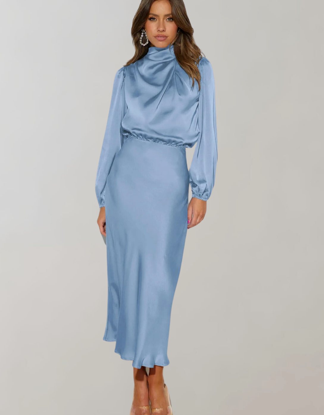 Women's Satin High-Neck Long-Sleeve Maxi Gown - Sky Blue