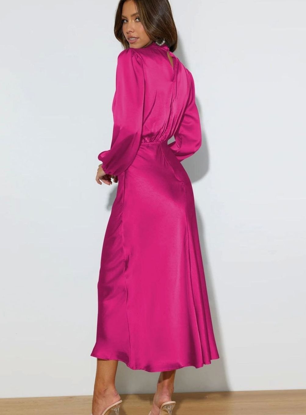 Women's Satin High-Neck Long-Sleeve Maxi Gown
