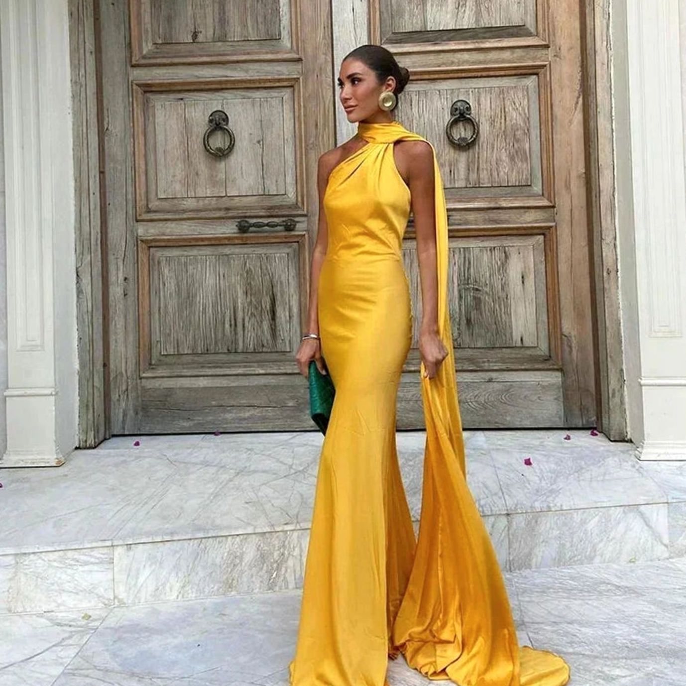 Women's Satin Maxi Gown One-Shoulder Cape Open Back - Yellow
