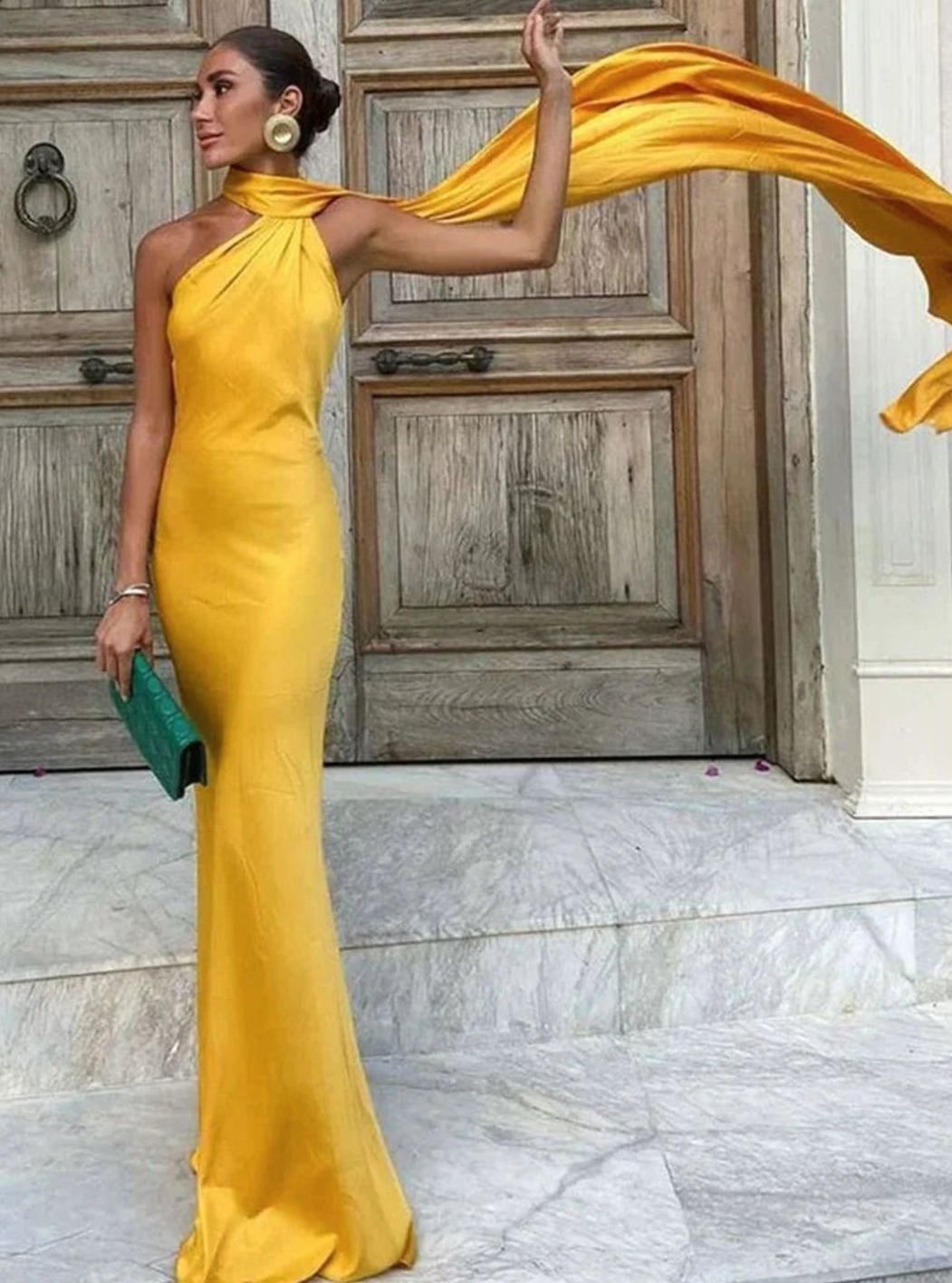 Women's Satin Maxi Gown One-Shoulder Cape Open Back