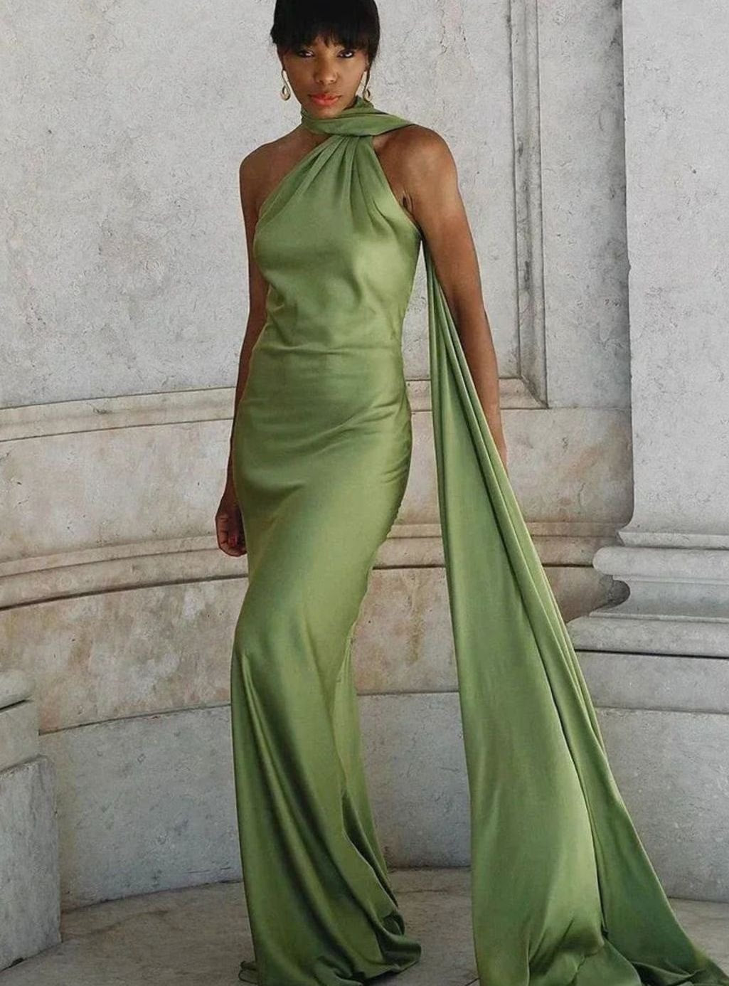 Women's Satin Maxi Gown One-Shoulder Cape Open Back - Green