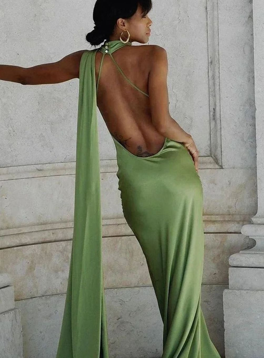 Women's Satin Maxi Gown One-Shoulder Cape Open Back
