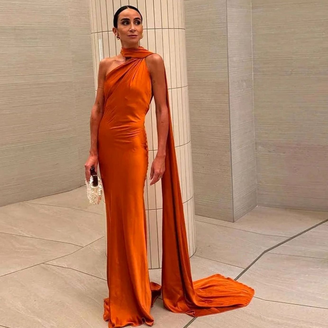 Women's Satin Maxi Gown One-Shoulder Cape Open Back - Orange