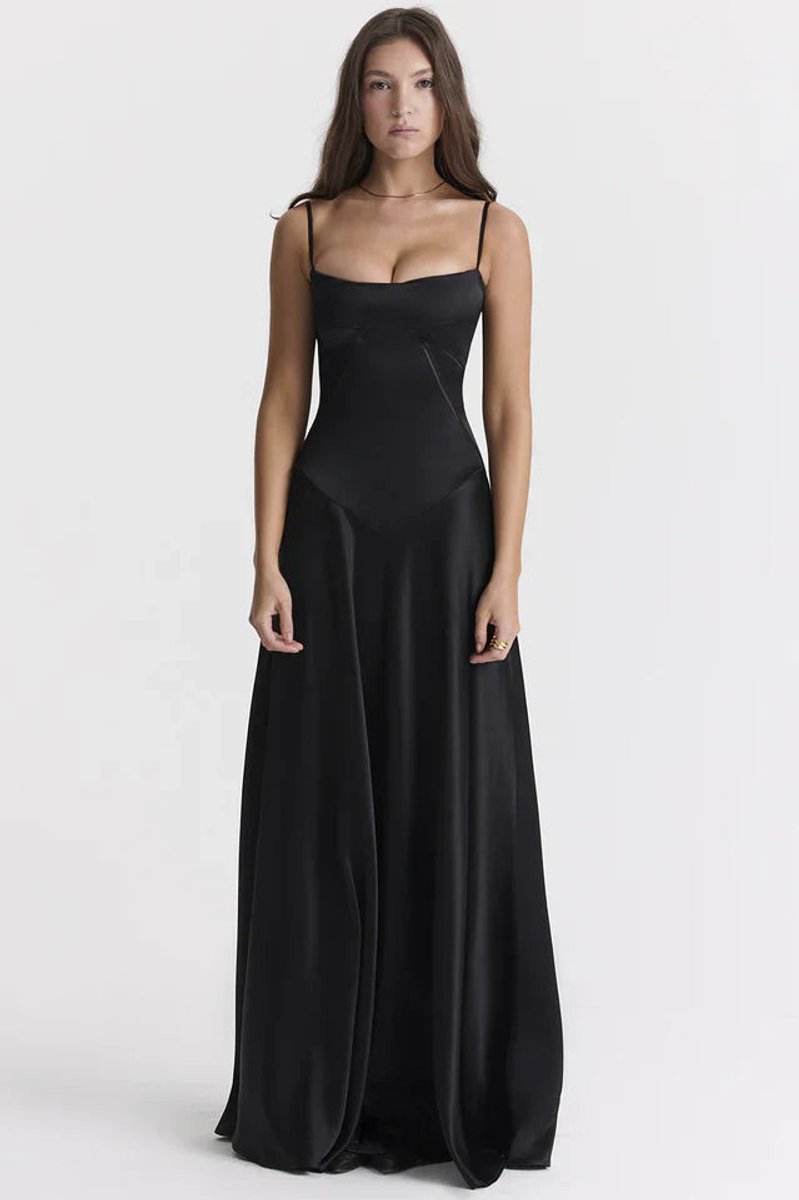 Women's Satin Maxi Summer Dress Jumpsuit Sculpted Bodice Gown - Black
