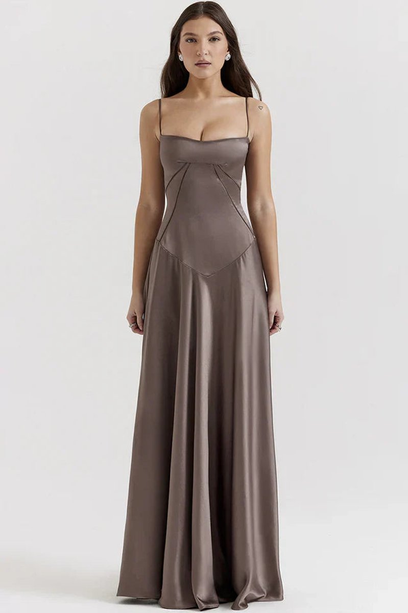 Women's Satin Maxi Summer Dress Jumpsuit Sculpted Bodice Gown - Grey