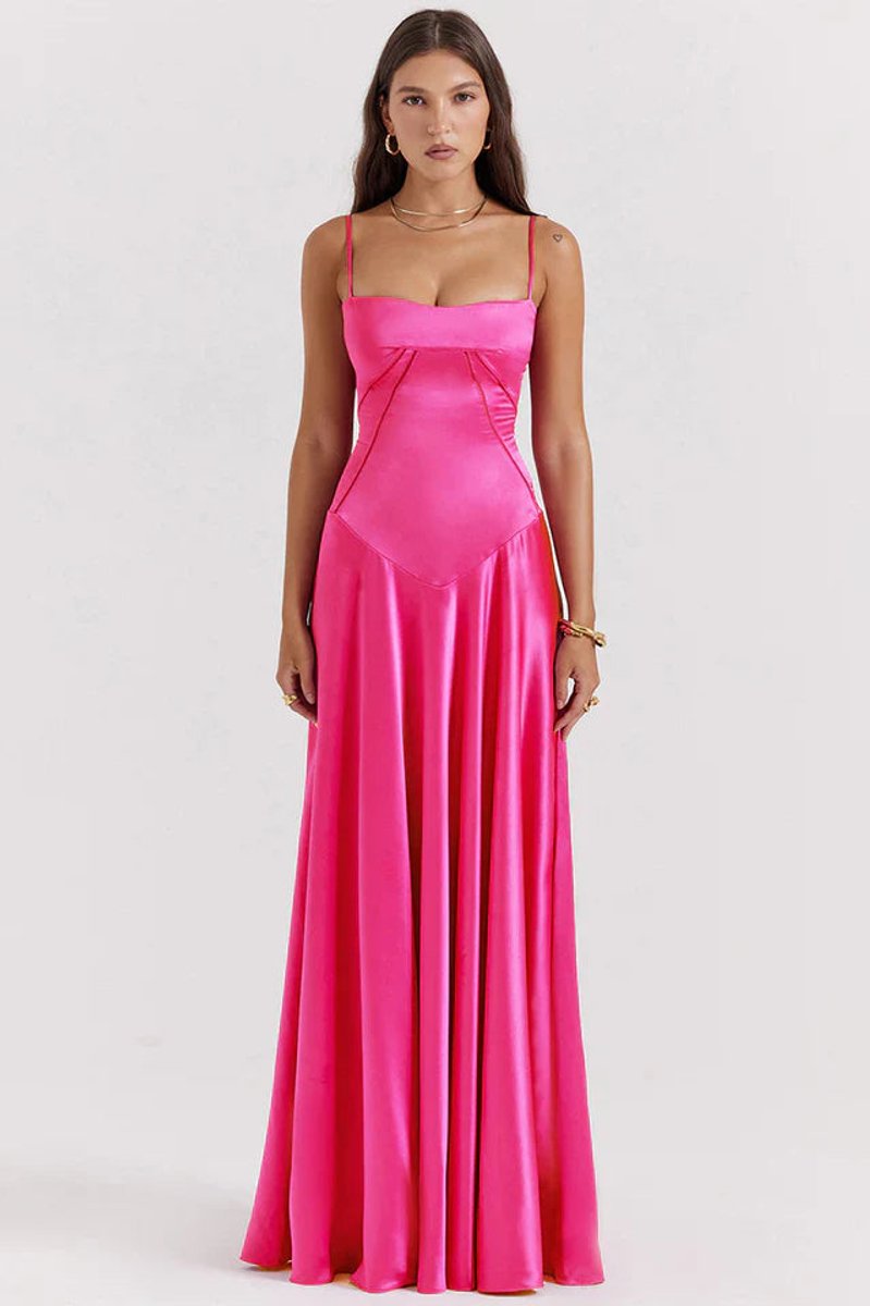 Women's Satin Maxi Summer Dress Jumpsuit Sculpted Bodice Gown - Fuchsia