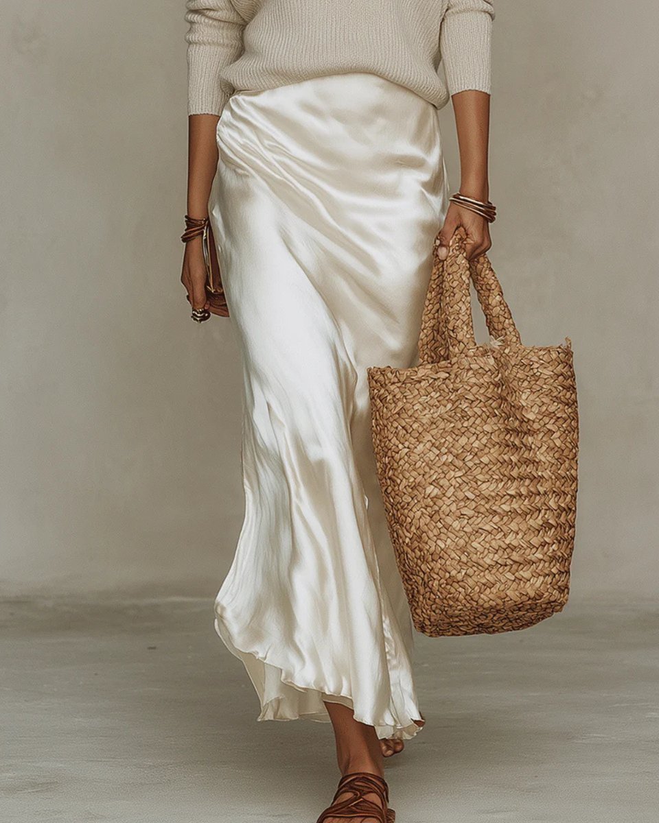 Women's Satin Slip Knit Layered Midi Dress Long Sleeve