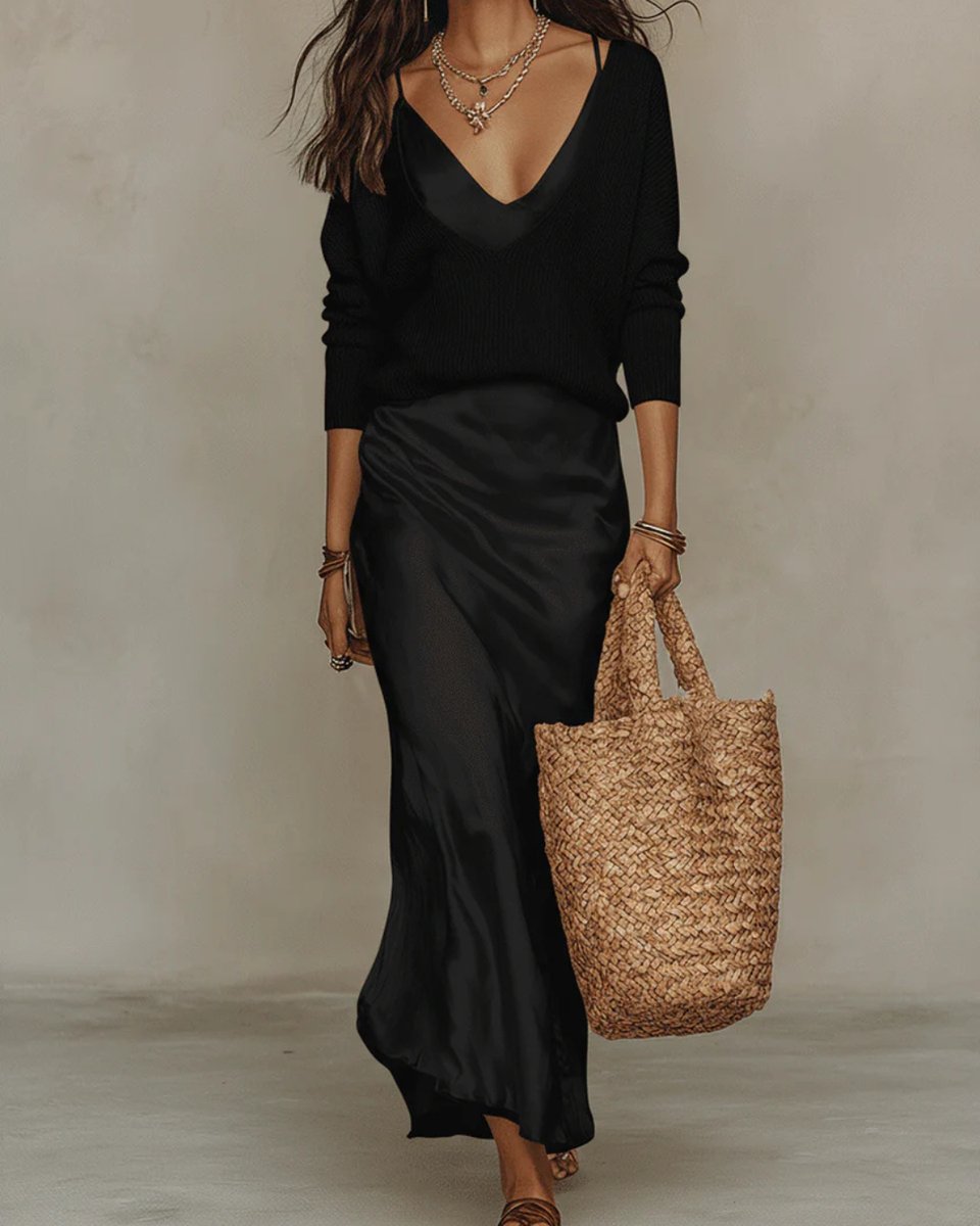 Women's Satin Slip Knit Layered Midi Dress Long Sleeve - Black