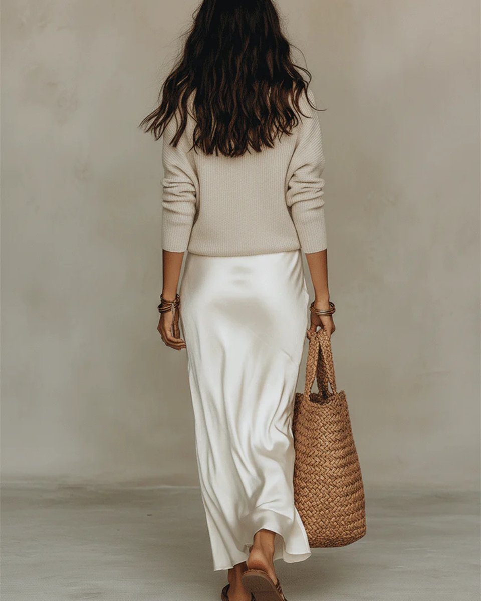 Women's Satin Slip Knit Layered Midi Dress Long Sleeve