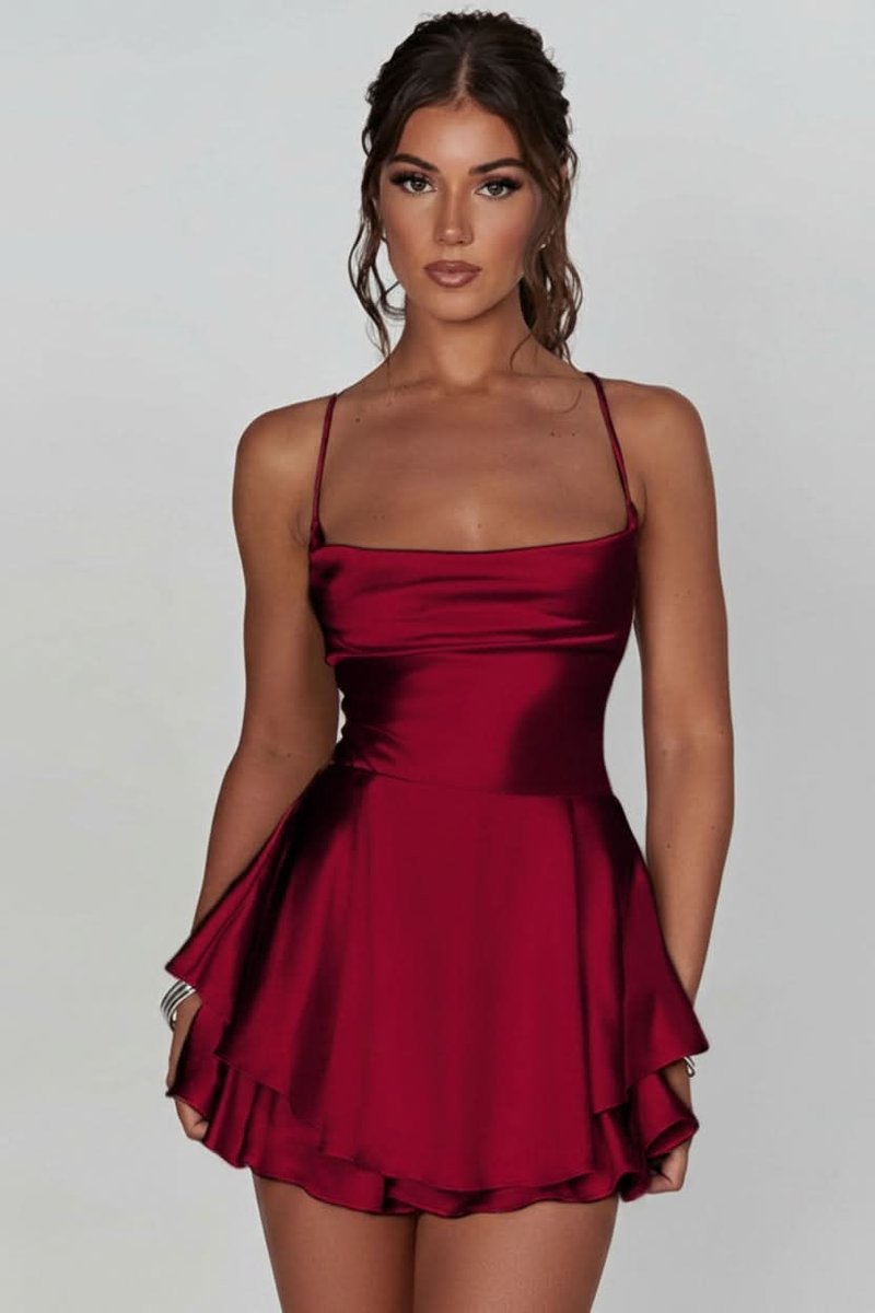 Women's Satin Square-Neck Ruffle-Skirt Mini Cocktail Dress - Brick Red