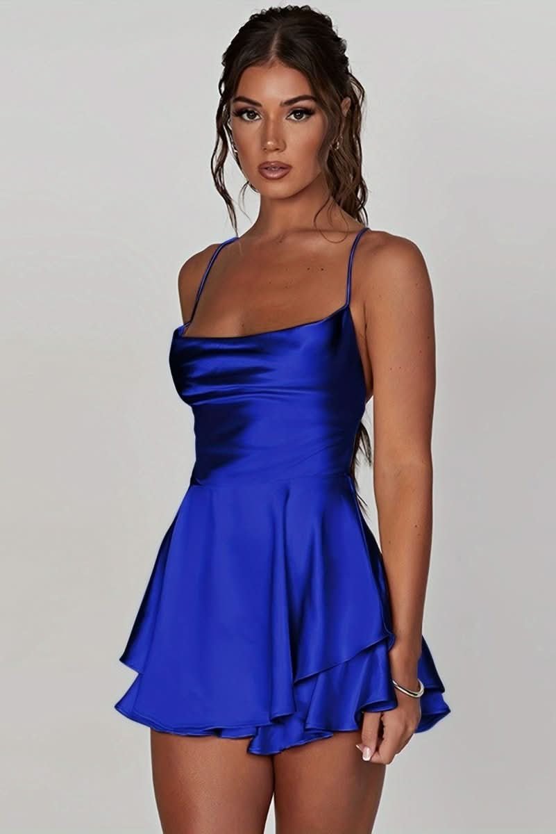 Women's Satin Square-Neck Ruffle-Skirt Mini Cocktail Dress - Royal Blue