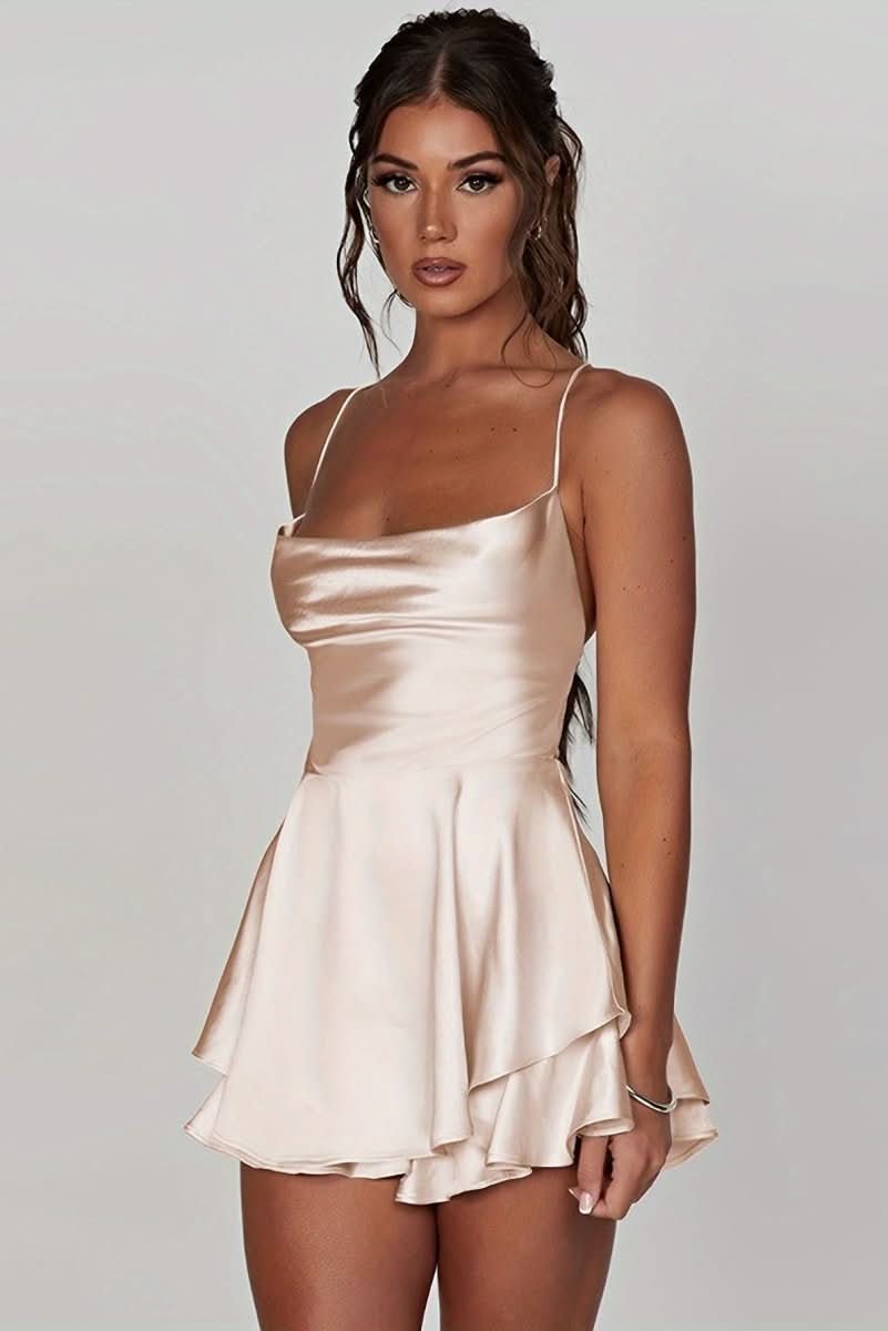 Women's Satin Square-Neck Ruffle-Skirt Mini Cocktail Dress - Milky