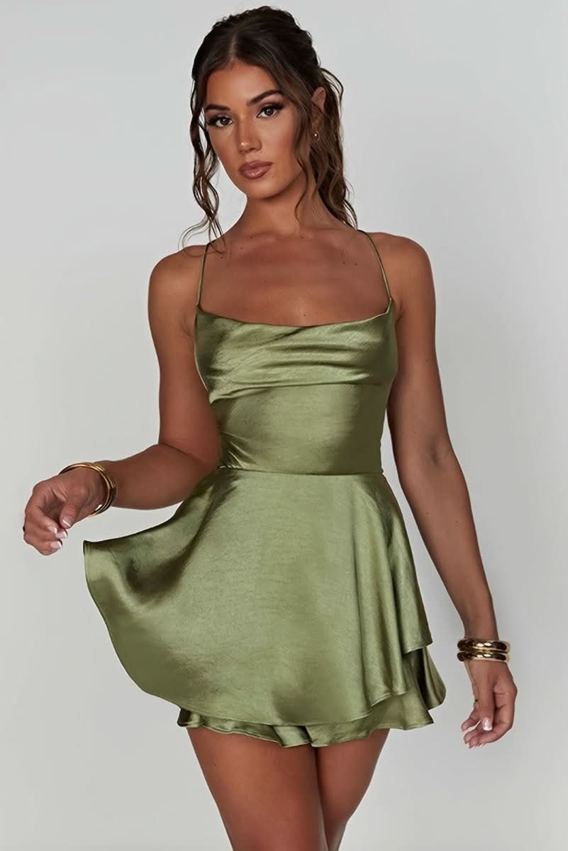 Women's Satin Square-Neck Ruffle-Skirt Mini Cocktail Dress - Matcha
