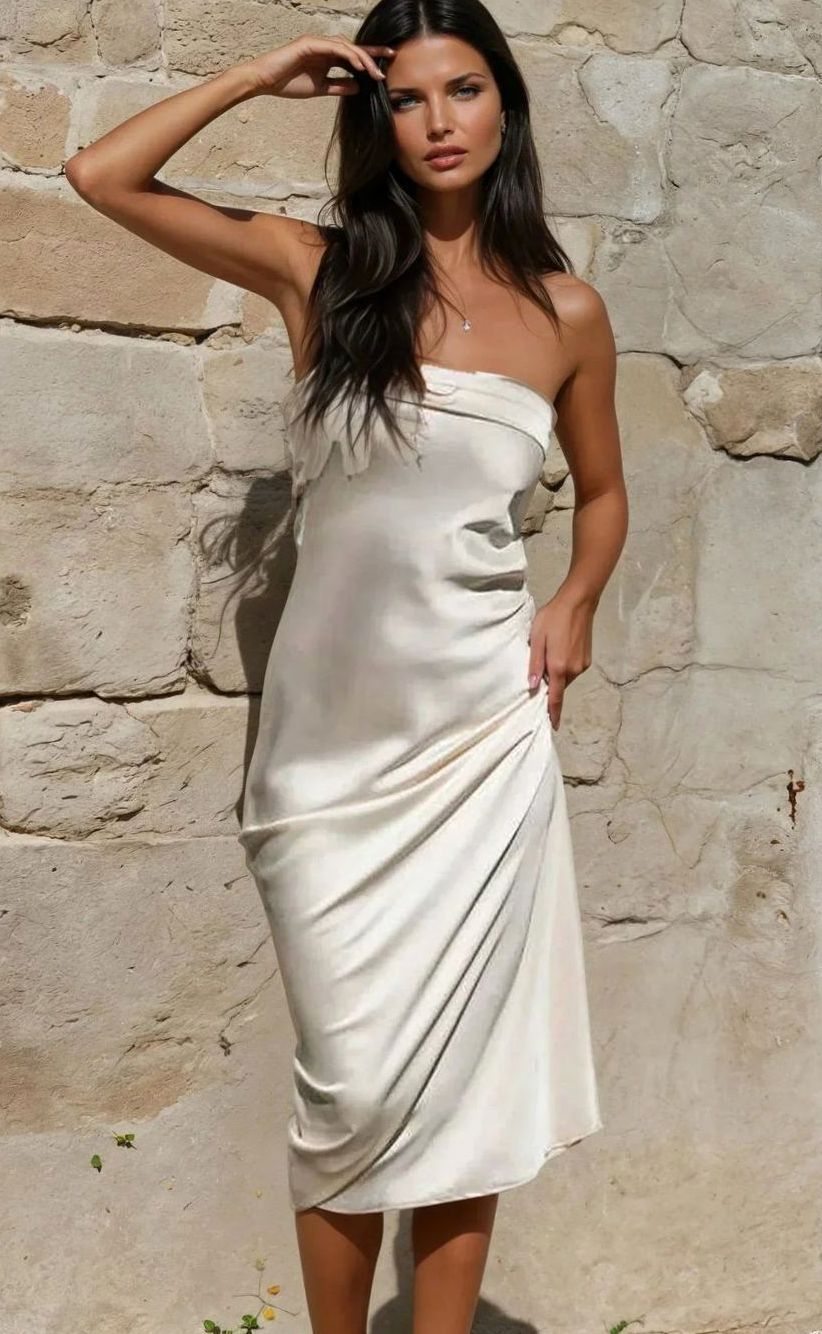 Women's Satin Strapless Draped Midi Dress for Formal Evening - Light Brown