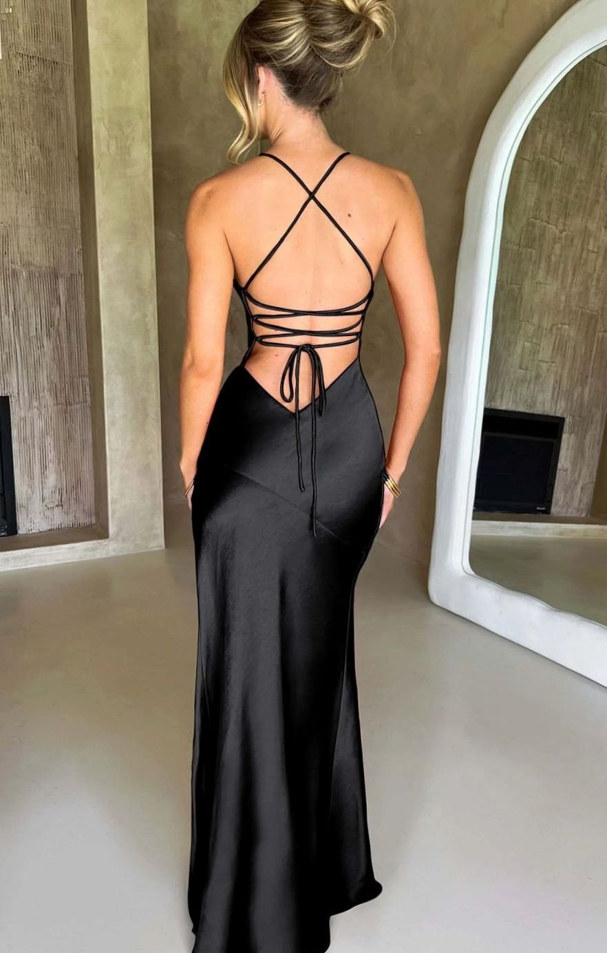 Women's Satin V-Neck High-Slit Halter Maxi Evening Dress