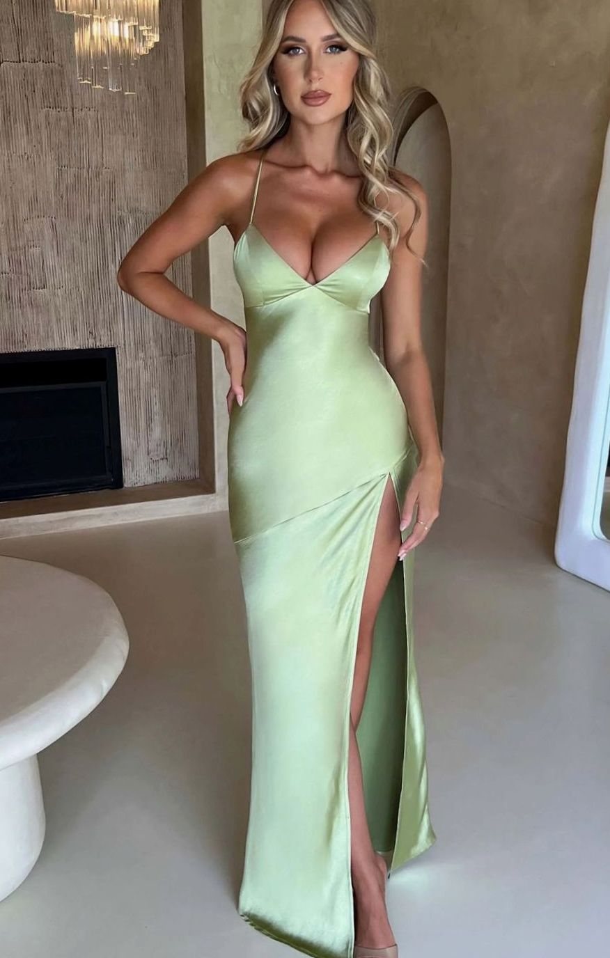 Women's Satin V-Neck High-Slit Halter Maxi Evening Dress - Green