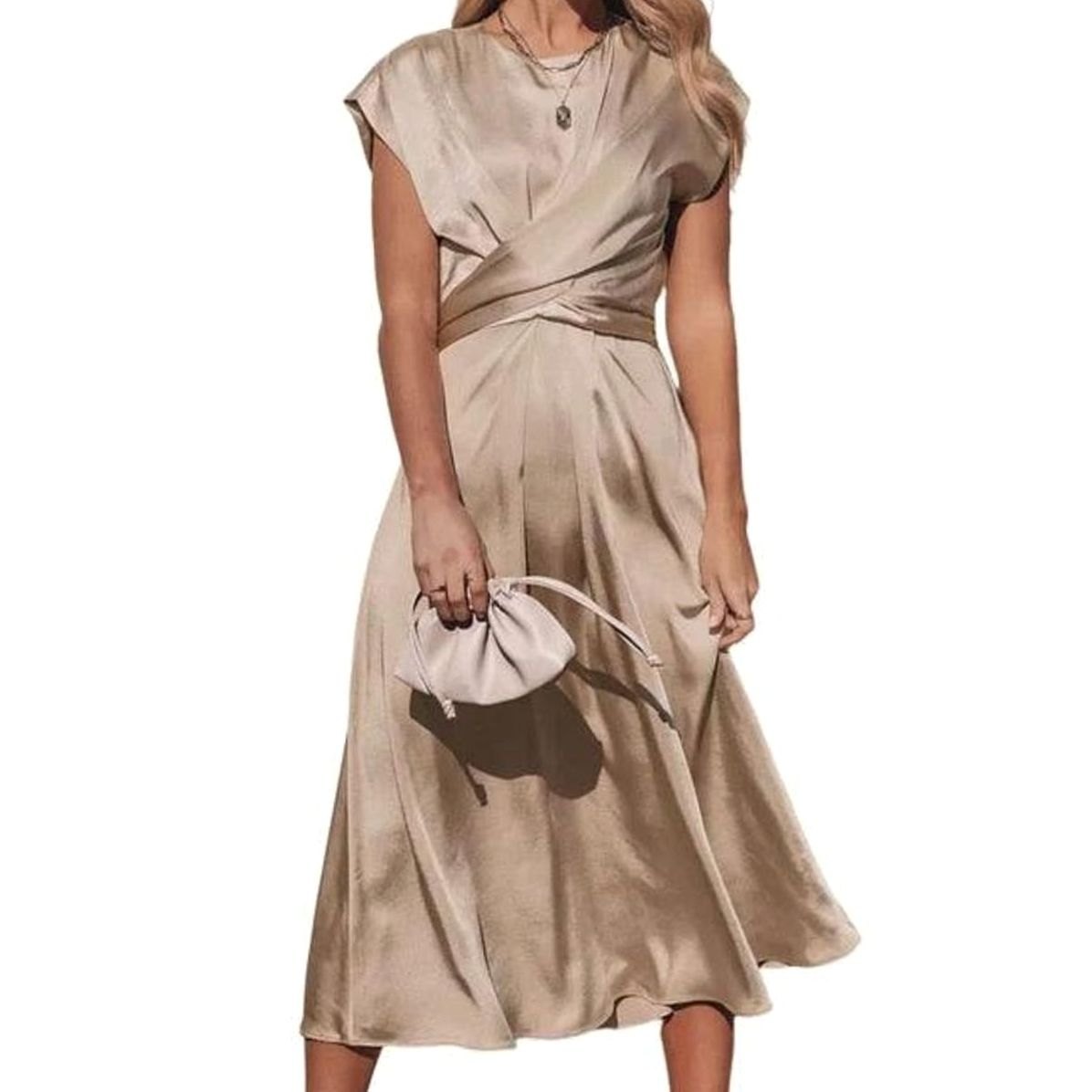 Women's Satin Wrap-Front Cap-Sleeve Midi Dress - Apricot