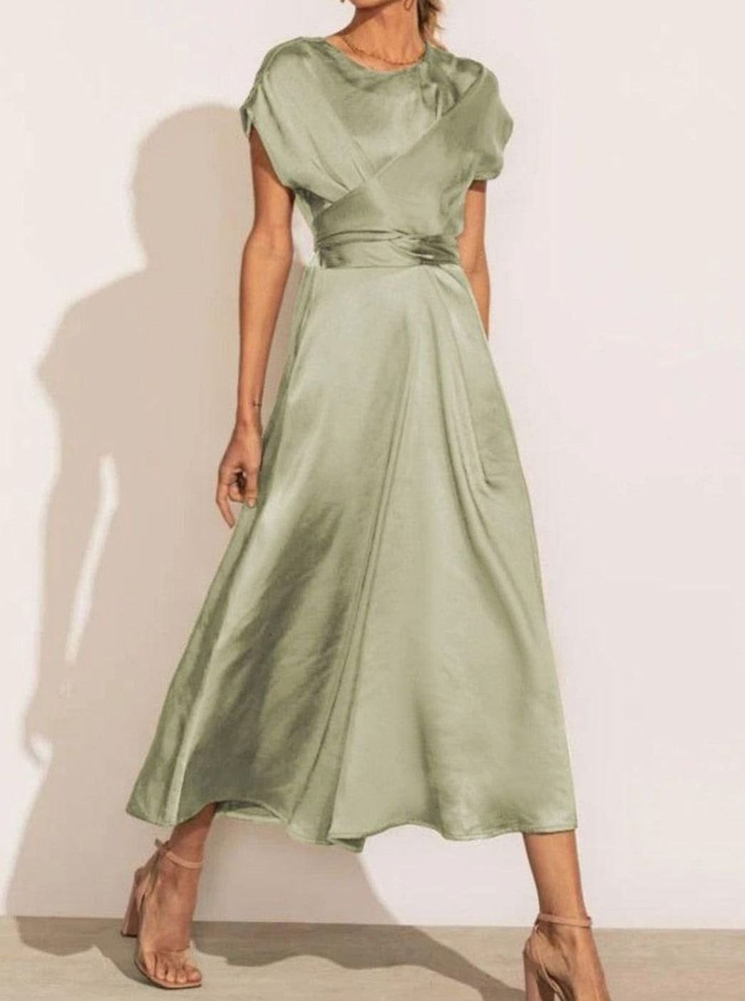 Women's Satin Wrap-Front Cap-Sleeve Midi Dress - Light Green